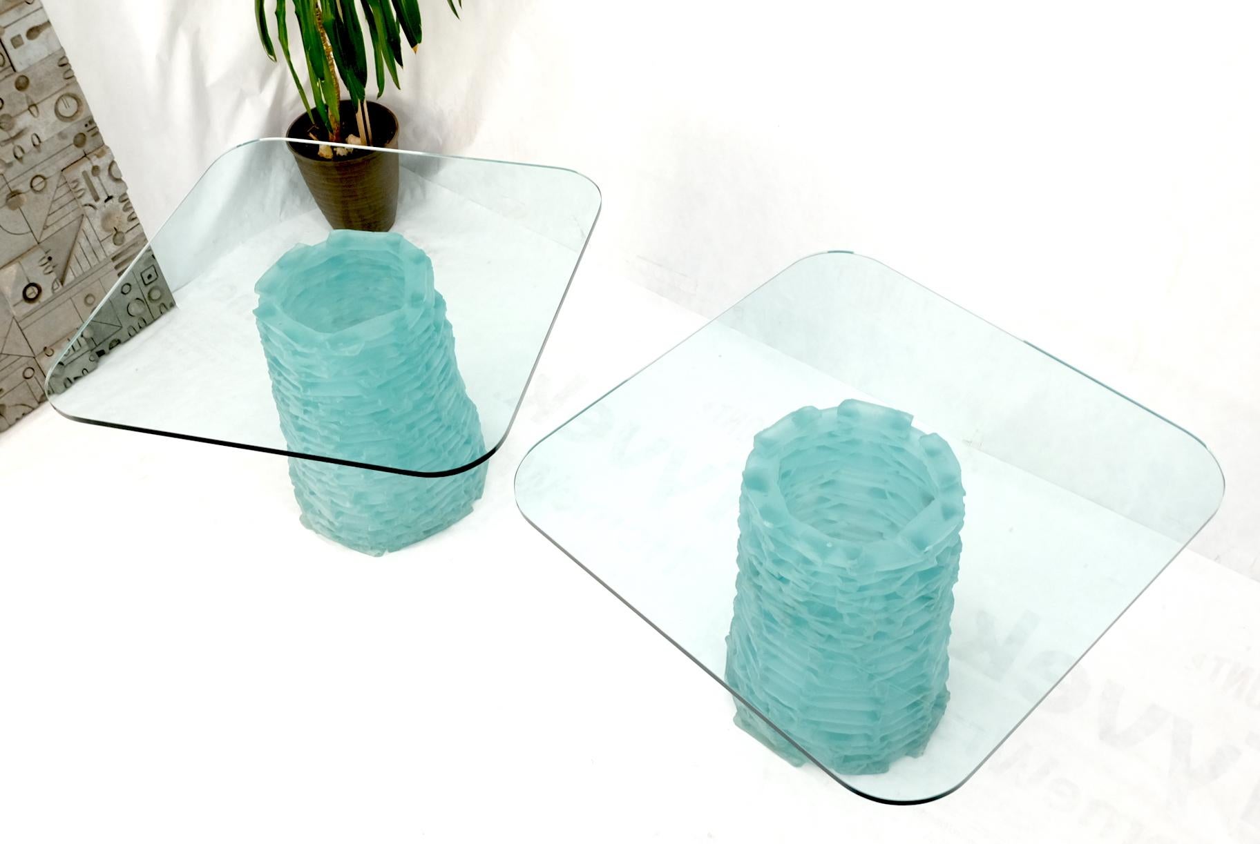 Pair of Fused Glass Blocks Pedestal Bases Rounded Square Tops Dining Game Table For Sale 2