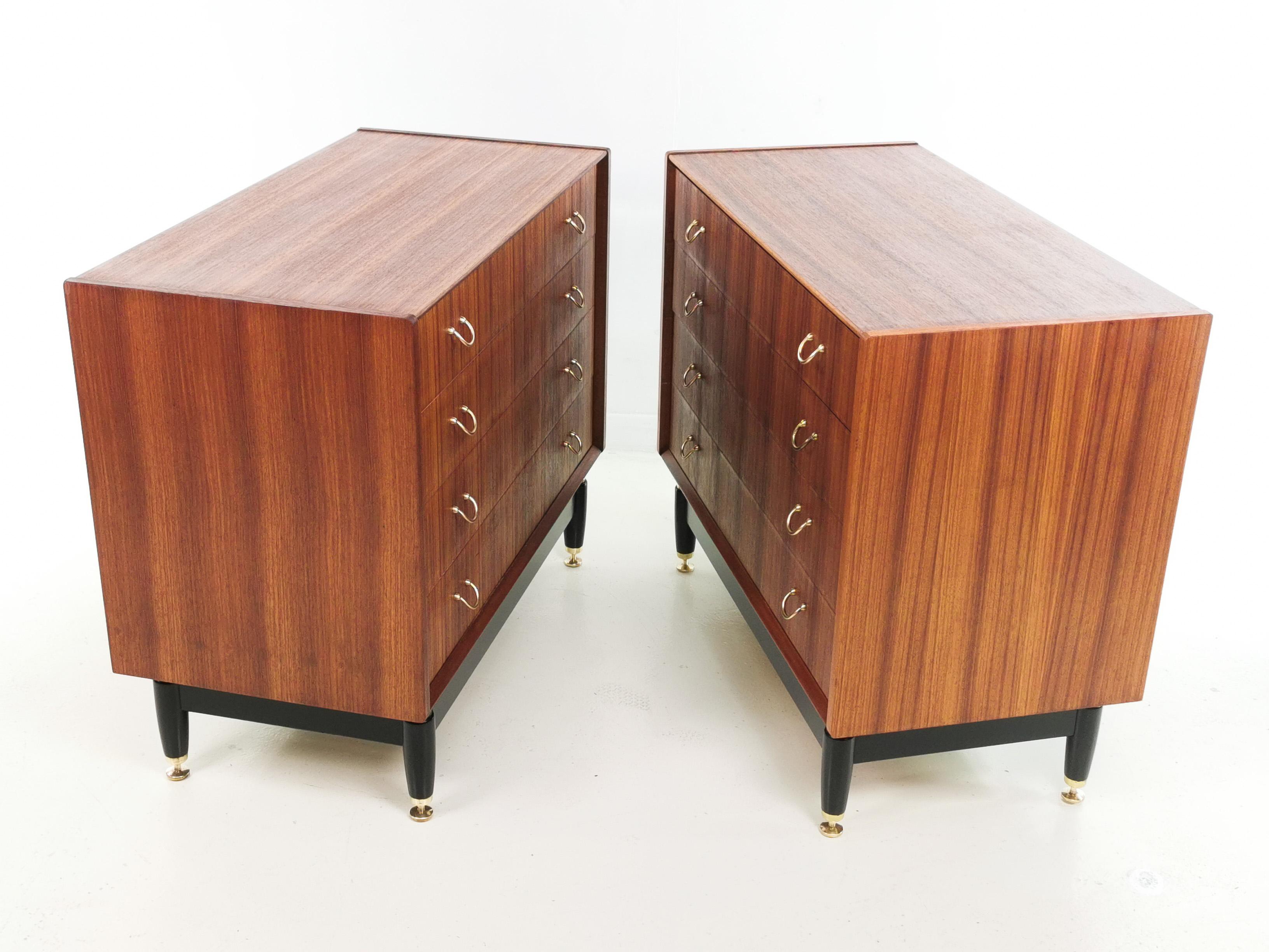 Teak chest of drawers

G Plan teak chest of drawers from the 1960s.

Sold as a pair, each unit is raised on an ebonized base with brass cup feet to the front and the drawers feature the original brass drawer pulls.

Manufactured by Ernest