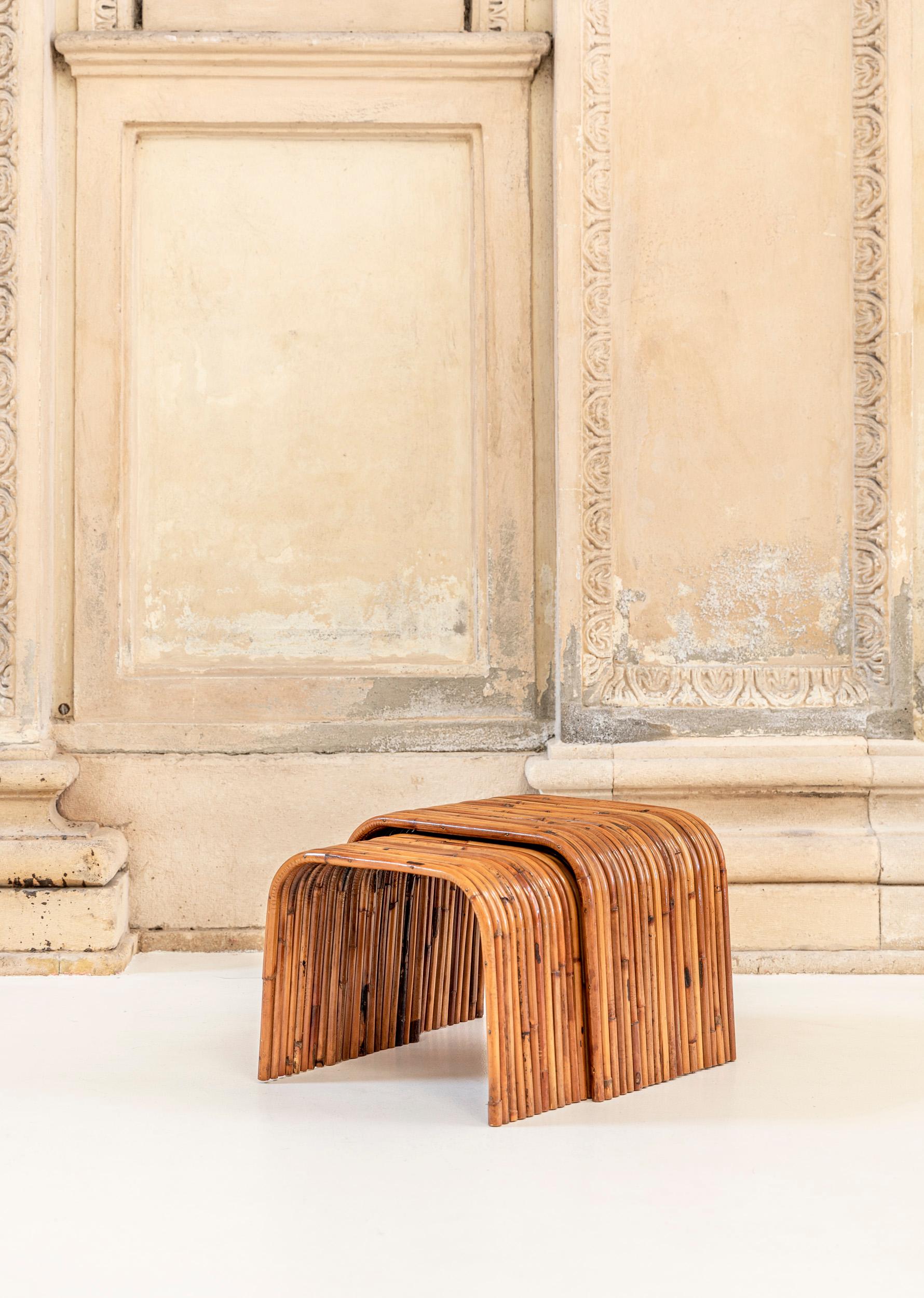 Mid-Century Modern Pair of Gabriella Crespi Bamboo Tables, Italy 1975, Certificate by Archives