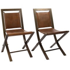 Vintage Pair of Gabriella Crespi Reclining Chairs, Sedia 73, Brass and Natural Leather
