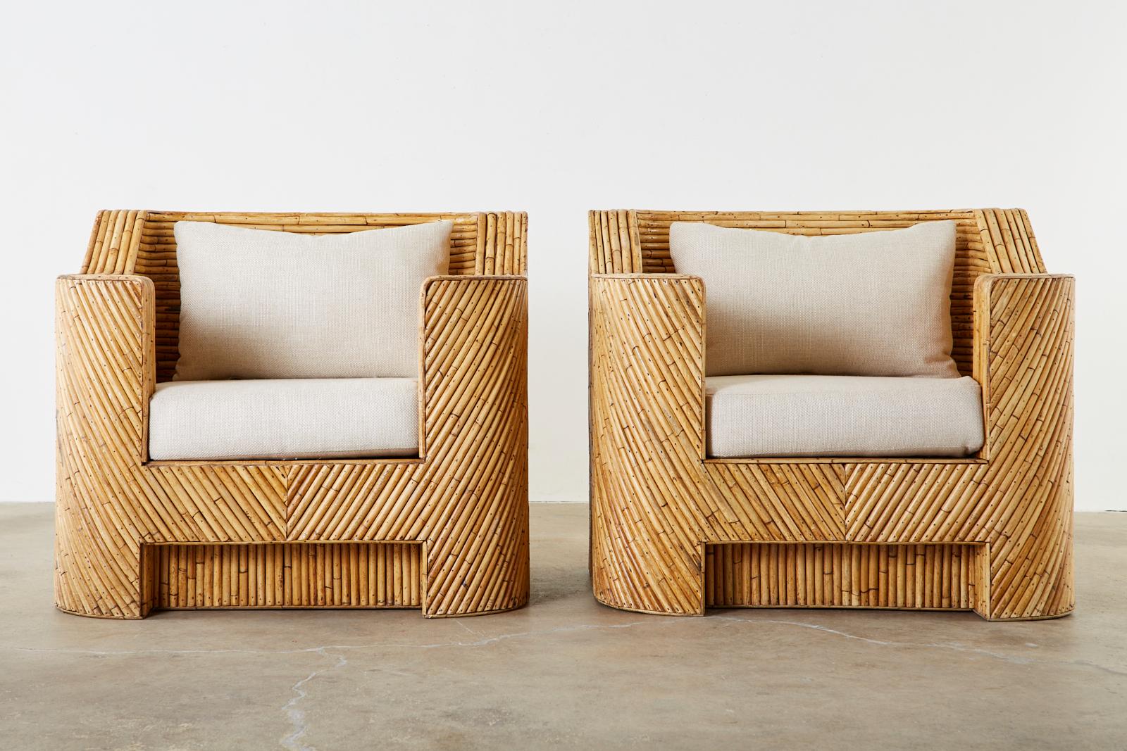 Pair of Organic Modern Bamboo Rattan Lounge Chairs and Ottoman 3