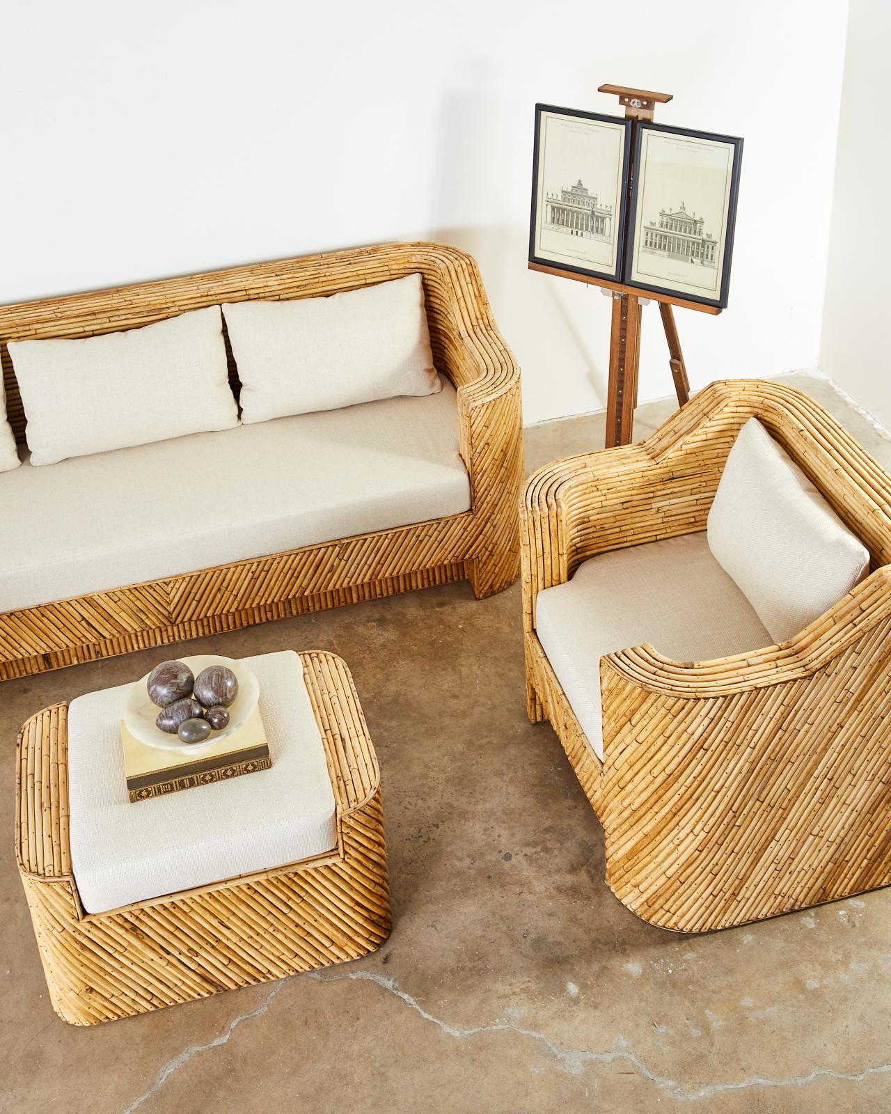 Pair of Organic Modern Bamboo Rattan Lounge Chairs and Ottoman 4