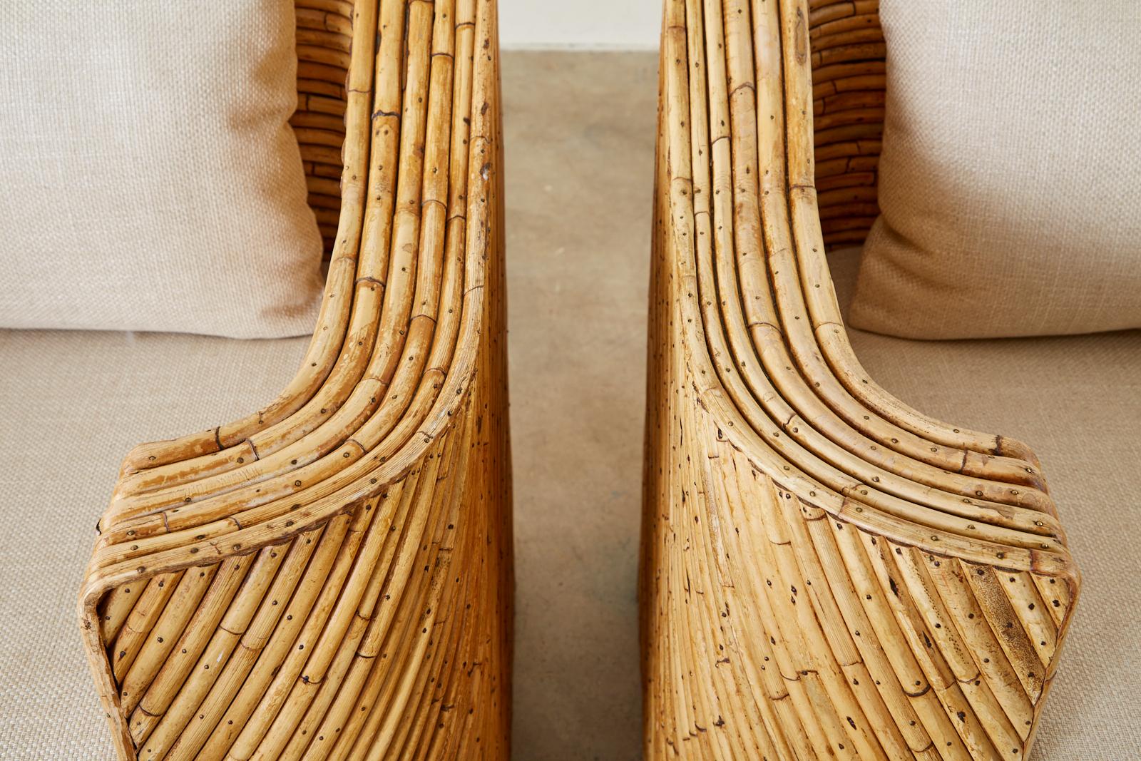 Pair of Organic Modern Bamboo Rattan Lounge Chairs and Ottoman 5