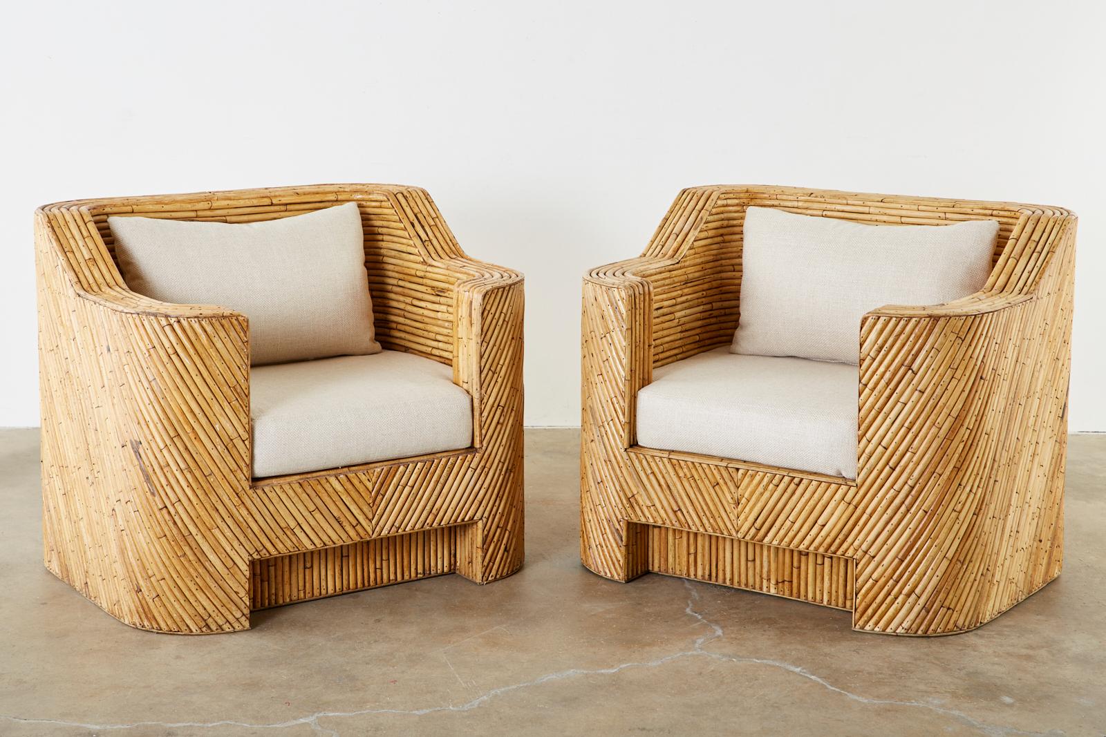 Hand-Crafted Pair of Organic Modern Bamboo Rattan Lounge Chairs and Ottoman