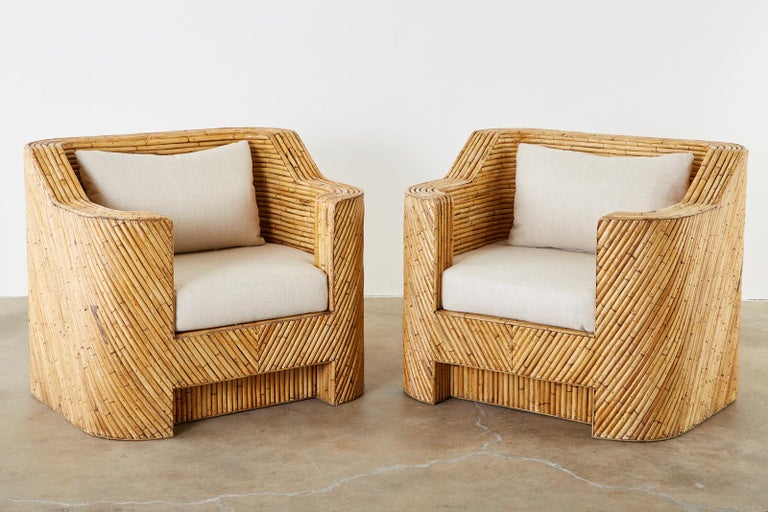 Pair of Organic Modern Bamboo Rattan Lounge Chairs and Ottoman at 1stDibs