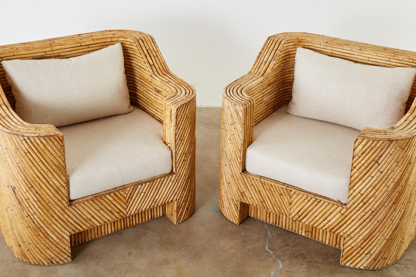 Fabric Pair of Organic Modern Bamboo Rattan Lounge Chairs and Ottoman
