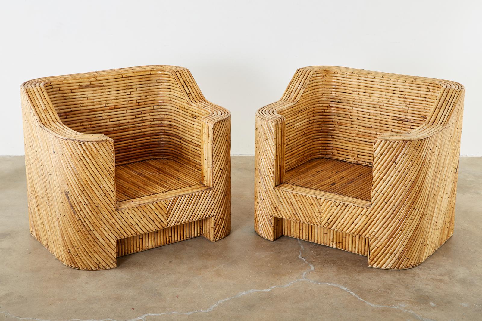Pair of Organic Modern Bamboo Rattan Lounge Chairs and Ottoman 1