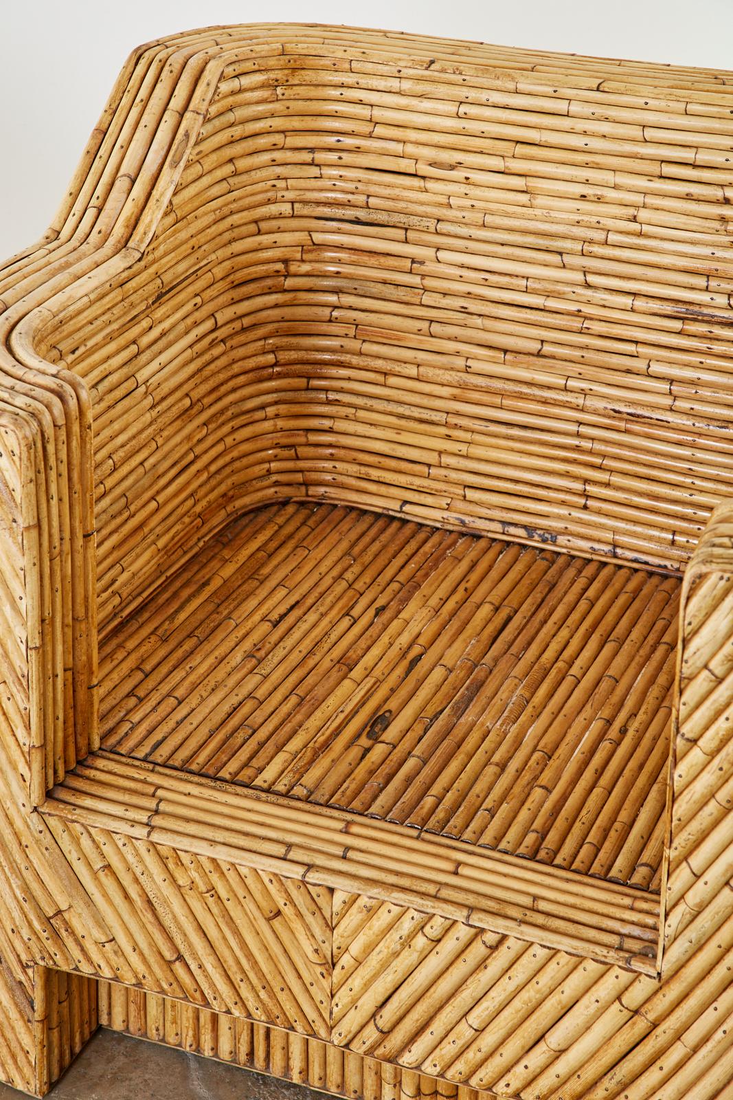 Pair of Organic Modern Bamboo Rattan Lounge Chairs and Ottoman 2