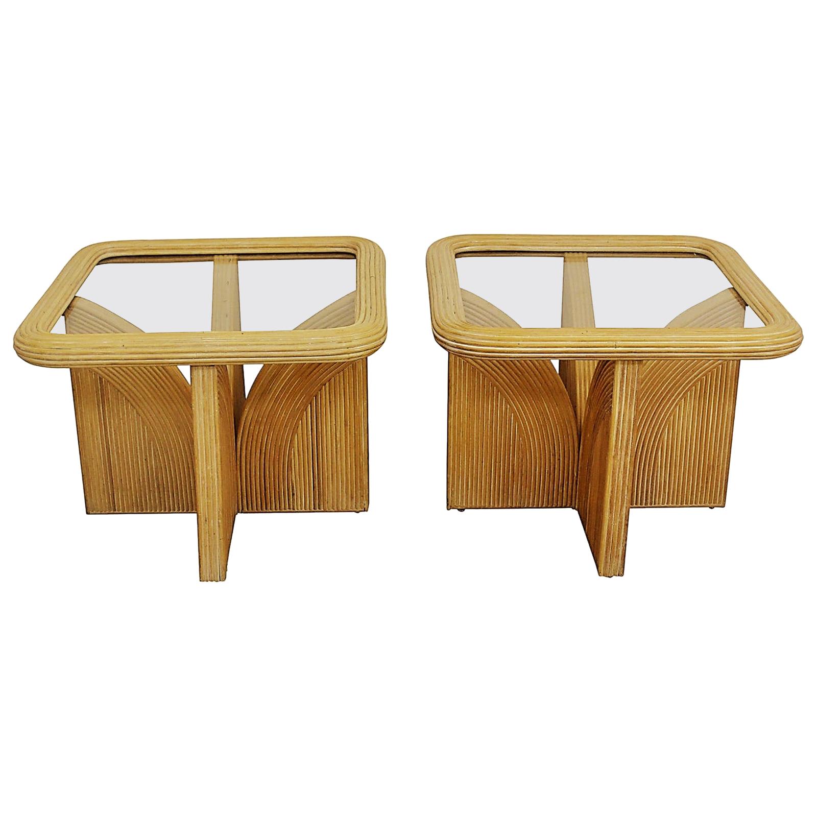 Pair of Split Reed Rattan Bamboo End/Side Tables