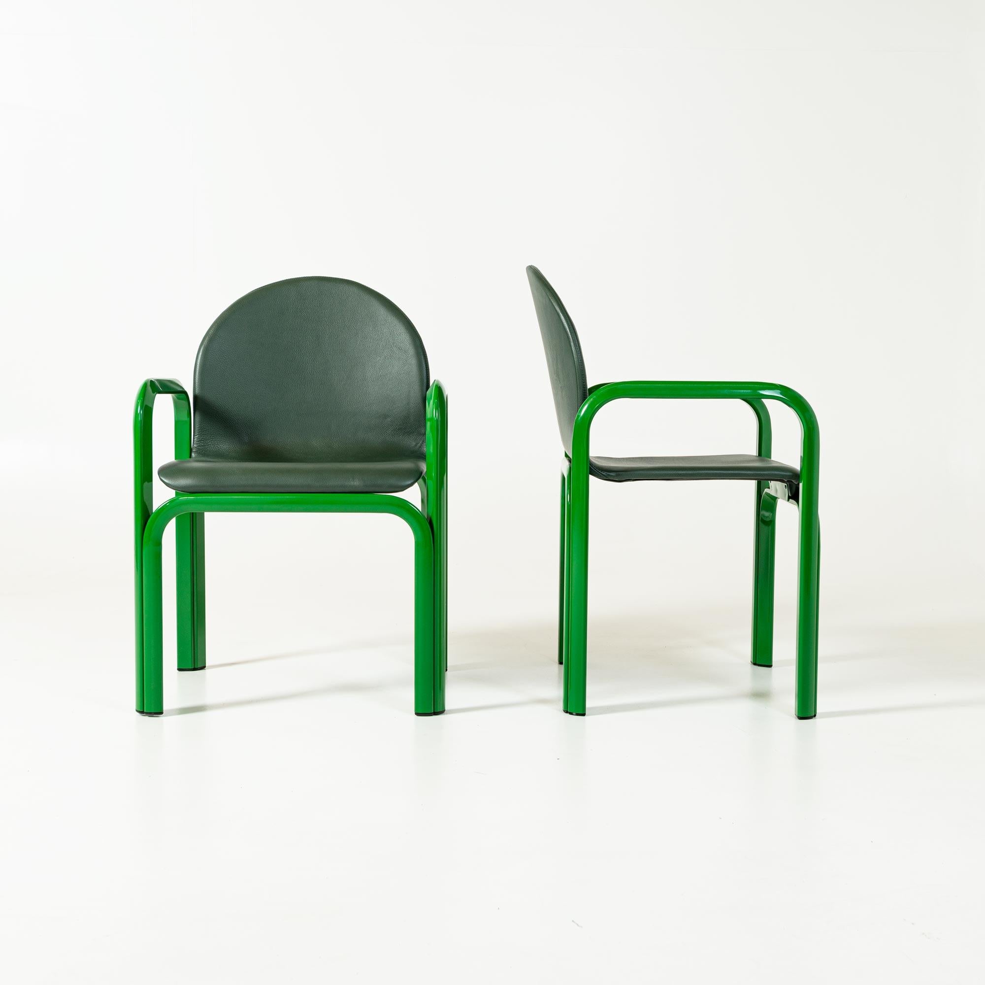 This is a set of 4 Italian Postmodern Orsay dining armchairs model 54A, designed by Gae Aulenti for Knoll, fully restored in tonal Green. The frames were all sandblasted and power coated in spring green, while all the seats were re-foamed and
