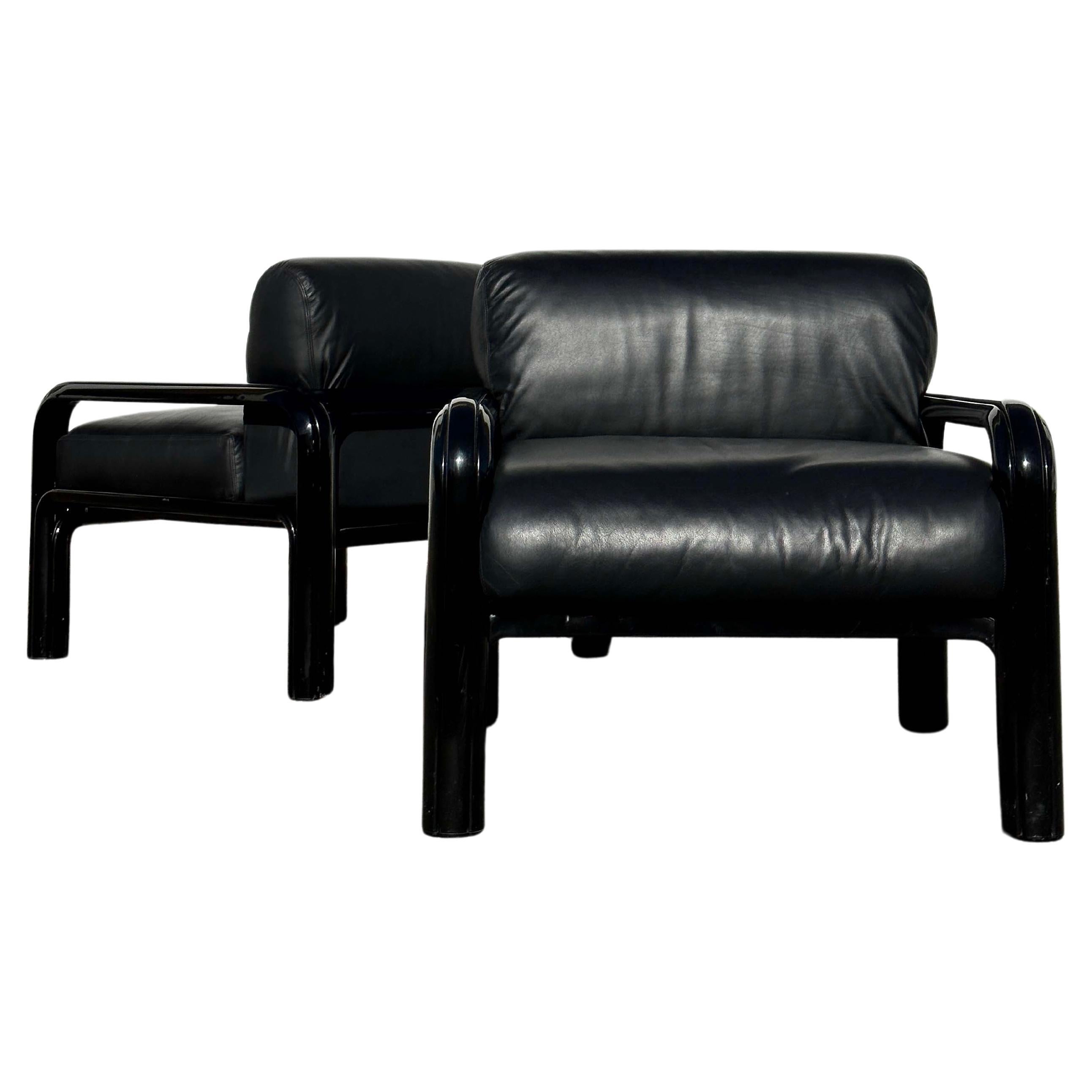 Pair of Gae Aulenti Black Leather Lounge Chairs for Knoll, Marked