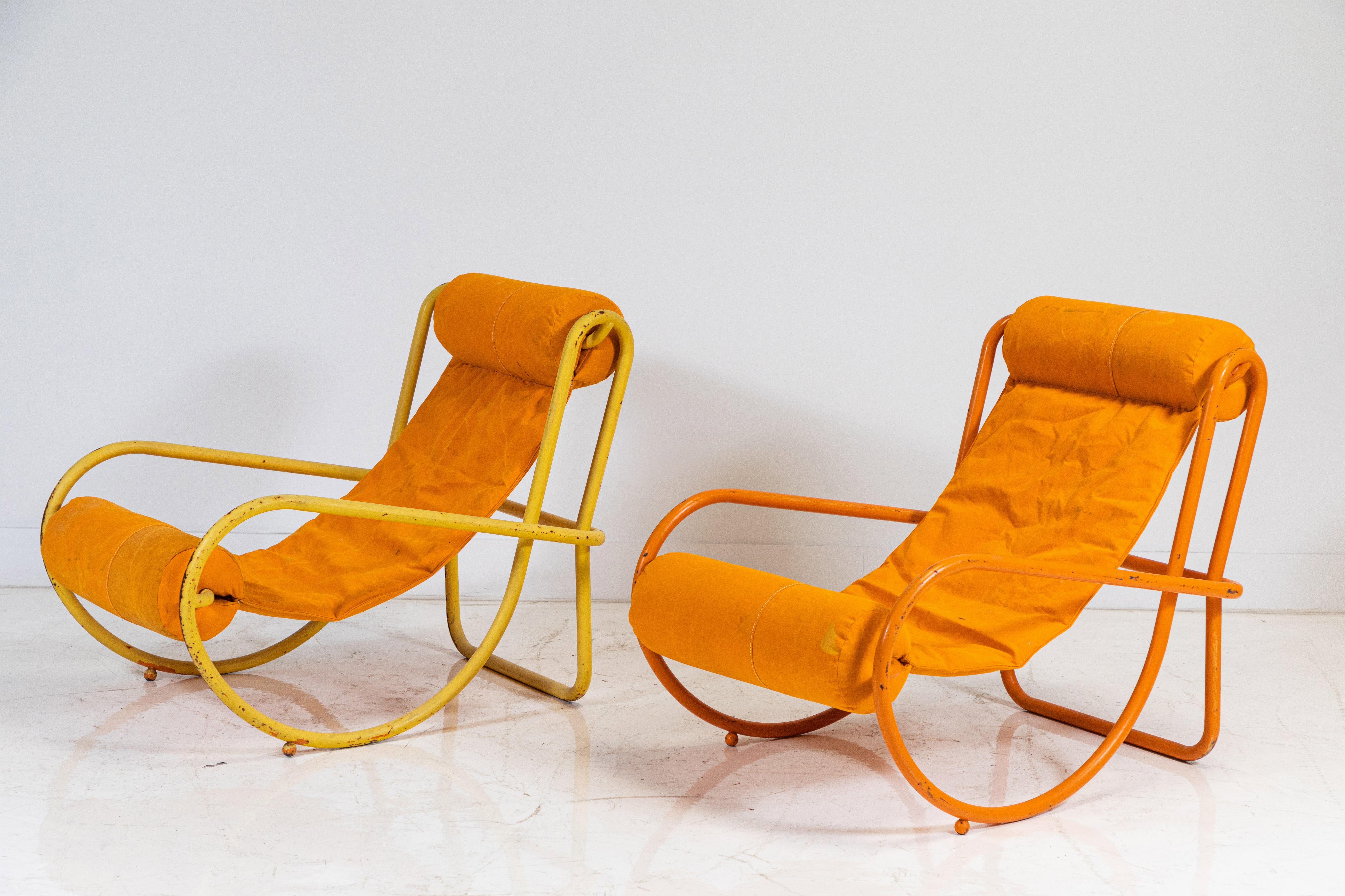 Italian Pair of Gae Aulenti Locus Solus Lounge Chairs in Orange Tent Canvas