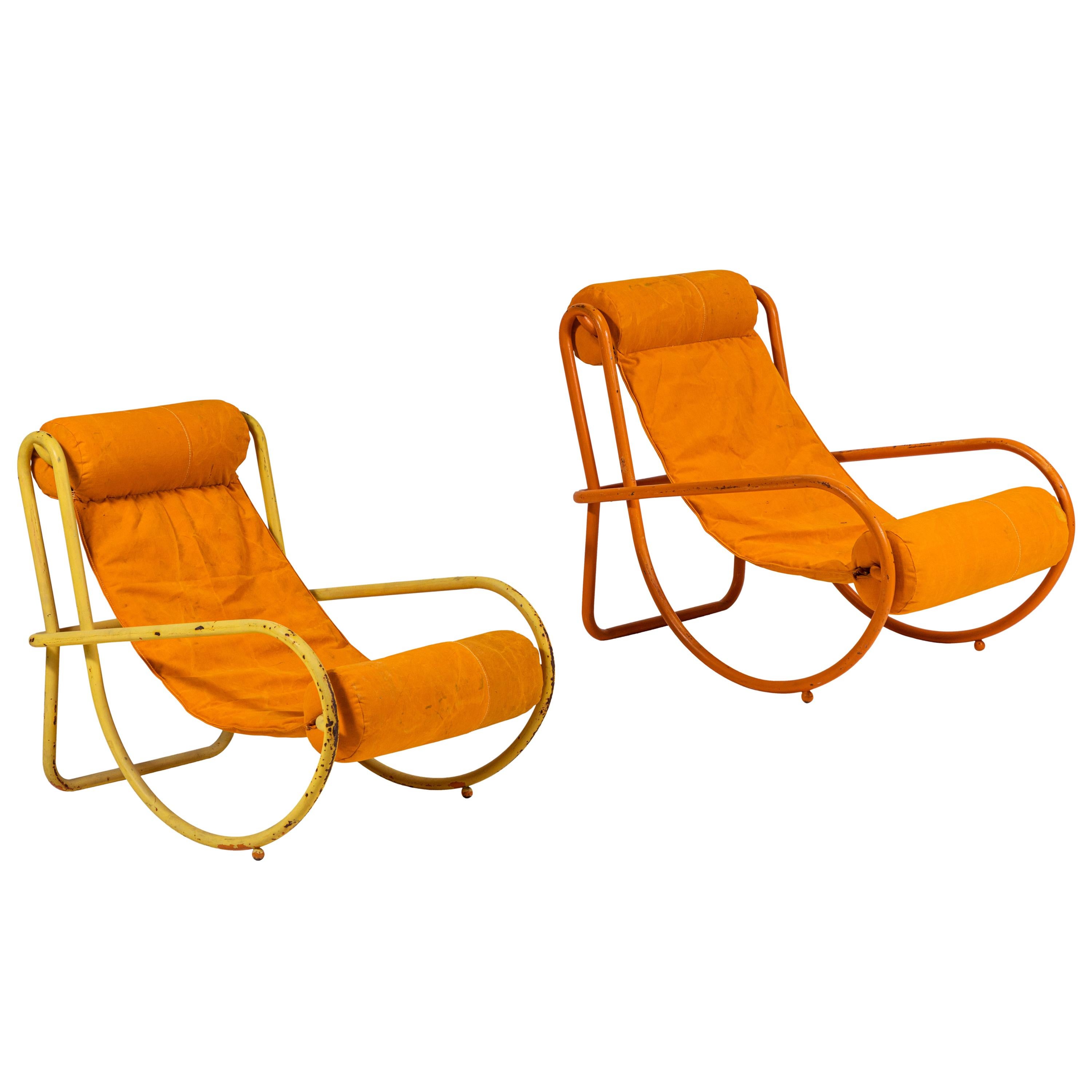 Pair of Gae Aulenti Locus Solus Lounge Chairs in Orange Tent Canvas
