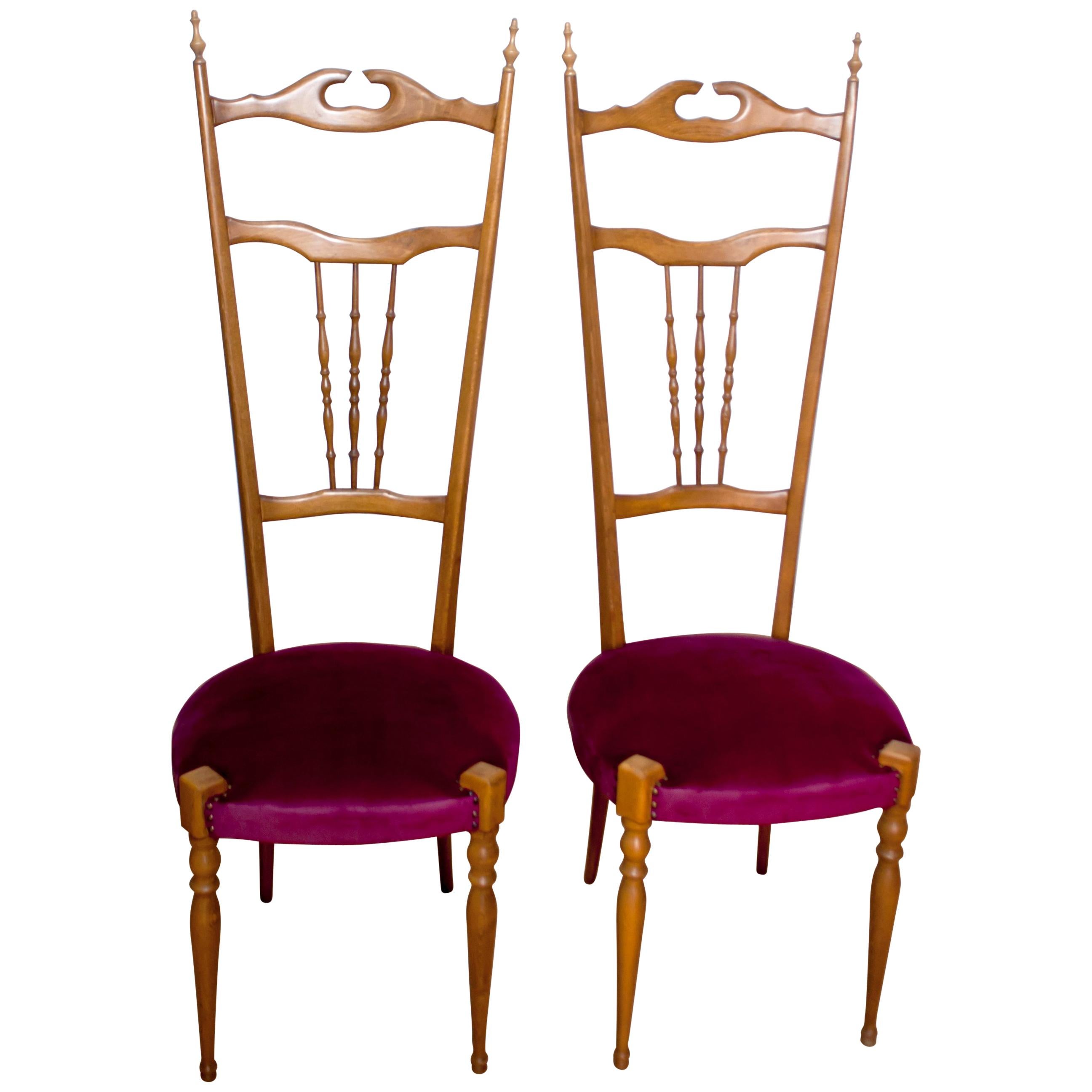 Coppia di sedie italiane con schienale alto Chiavari di Gaetano Descalzi, metà del secolo scorso, anni '50