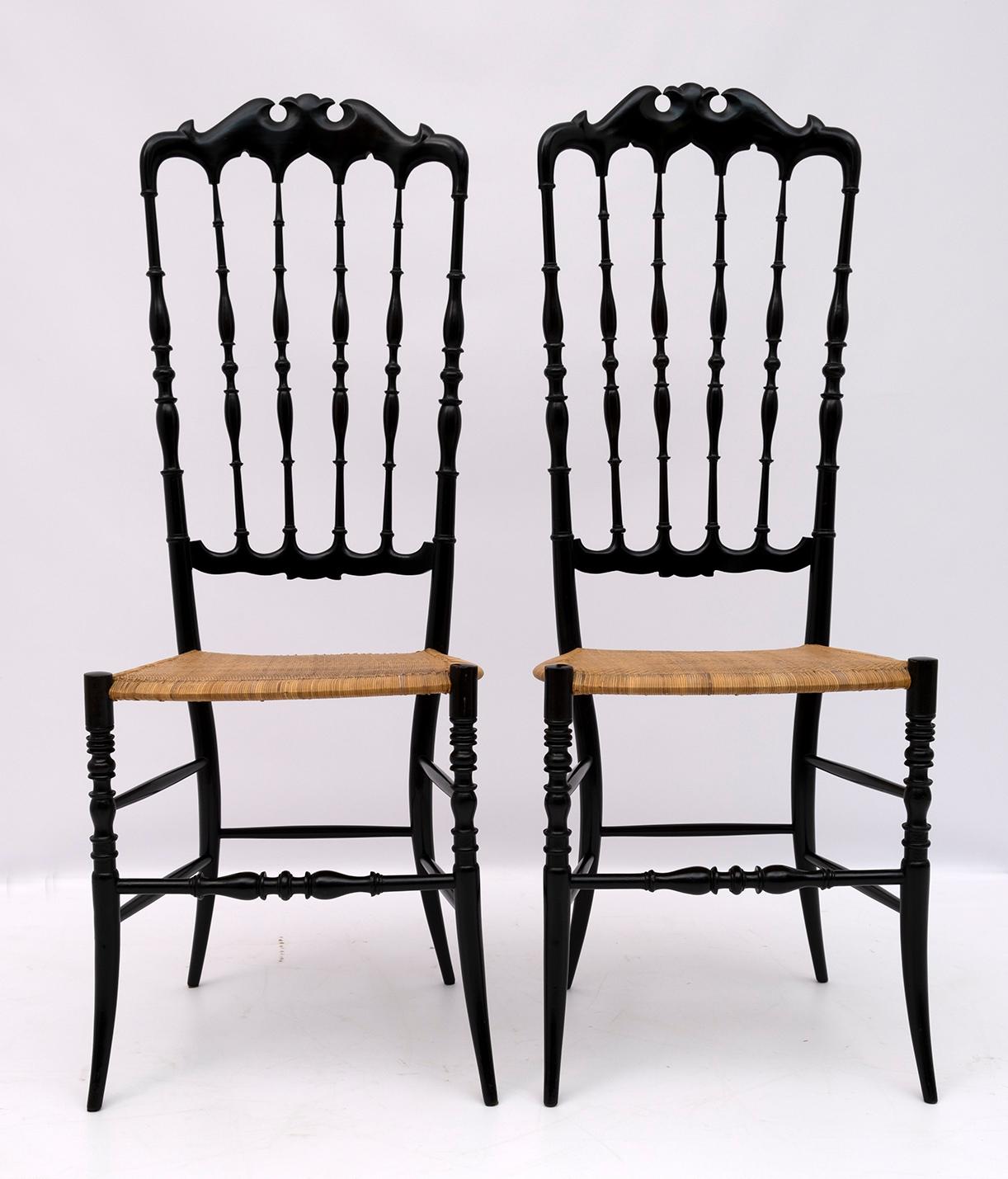 Beech Pair of Gaetano Descalzi Midcentury Italian Chiavari High Back Chairs, 1950s