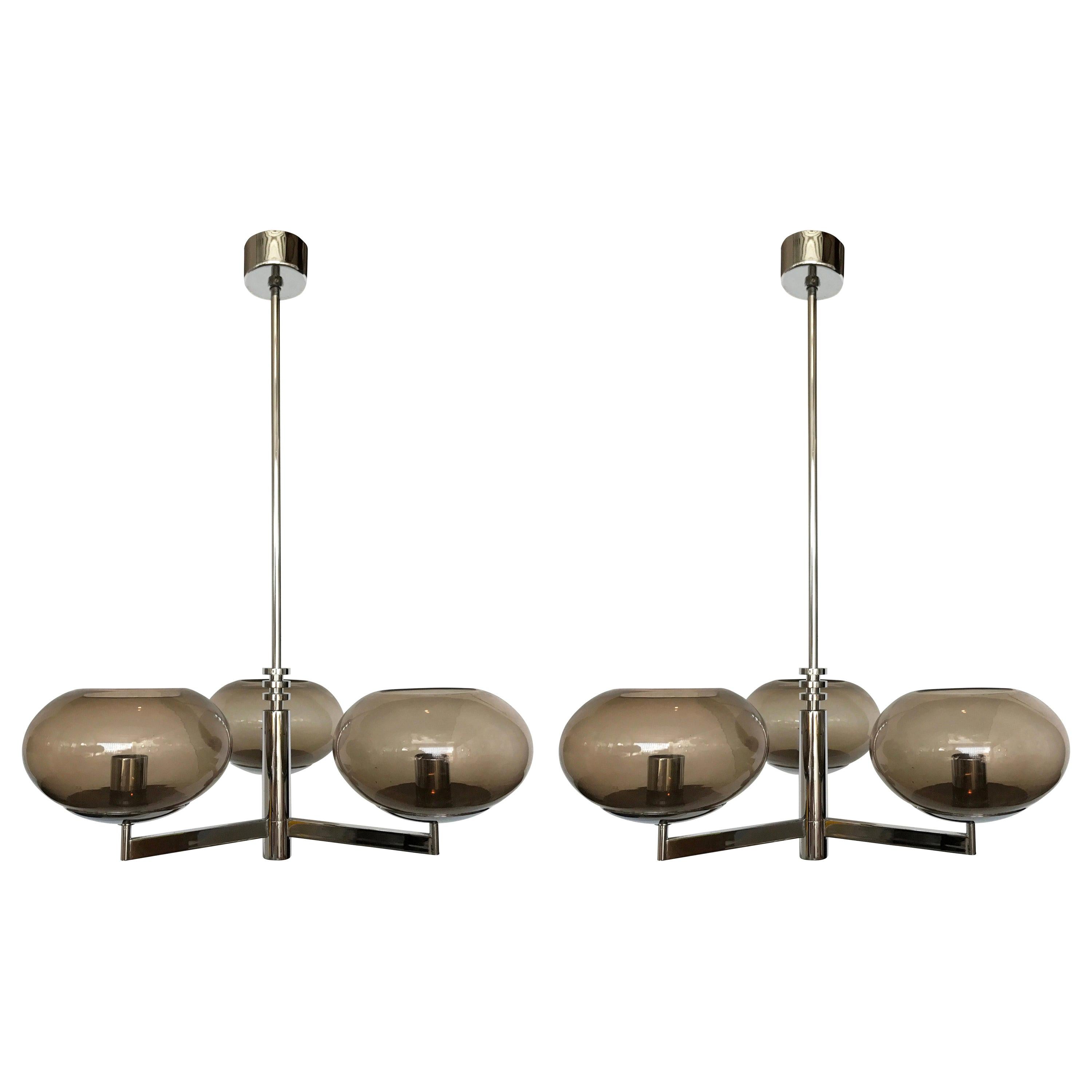 Pair of Gaetano Sciolari Three Light Chrome & Smoked Glass Chandelier Italy 1970 For Sale