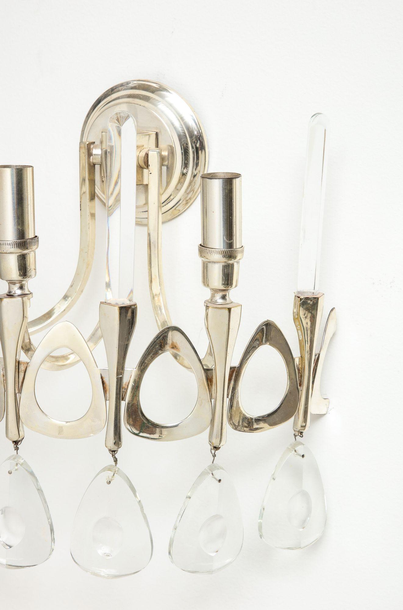 Pair of Gaetano Sciolari Sconces with Crystal Beveled Drops In Good Condition For Sale In New York, NY