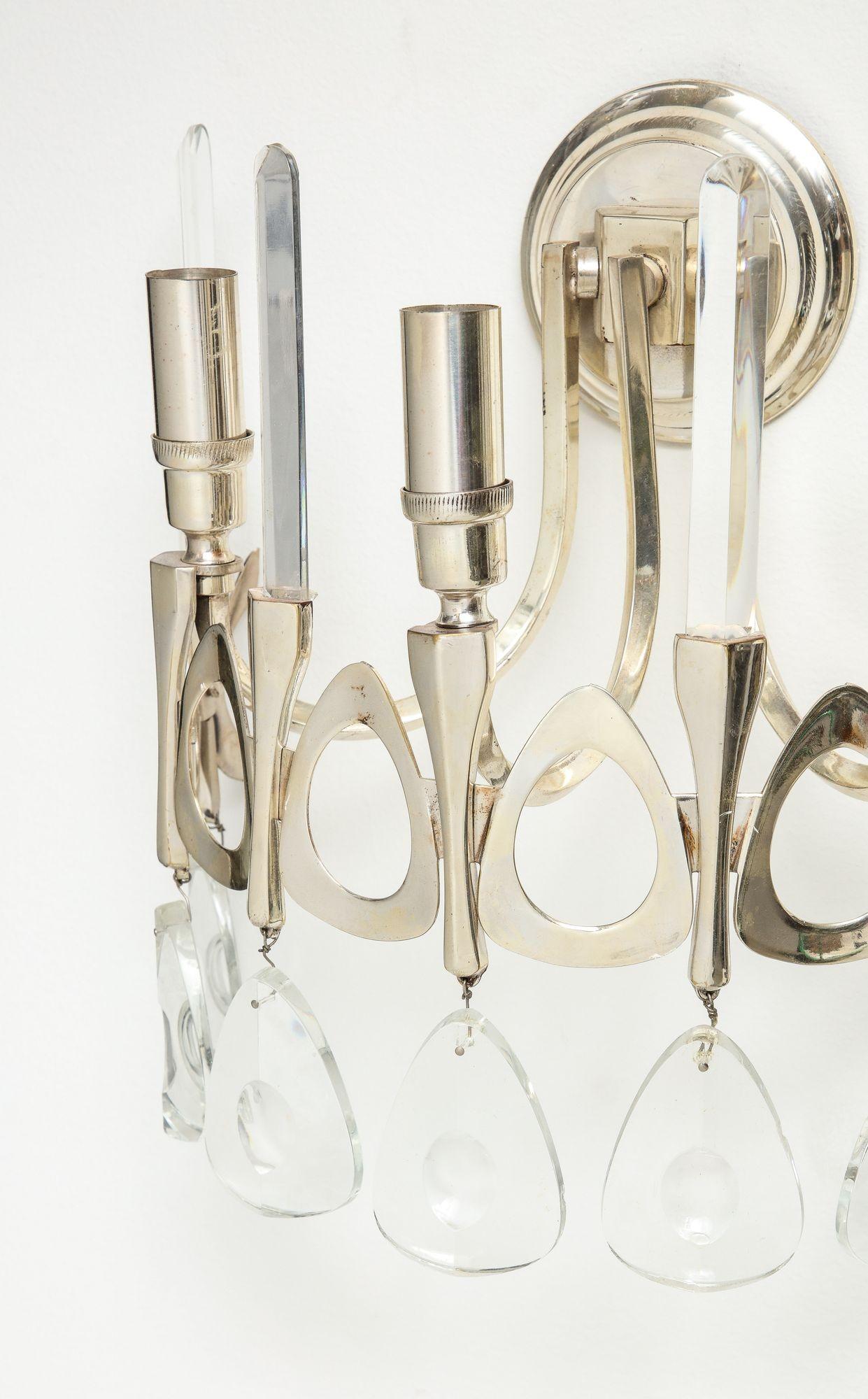 Mid-20th Century Pair of Gaetano Sciolari Sconces with Crystal Beveled Drops For Sale