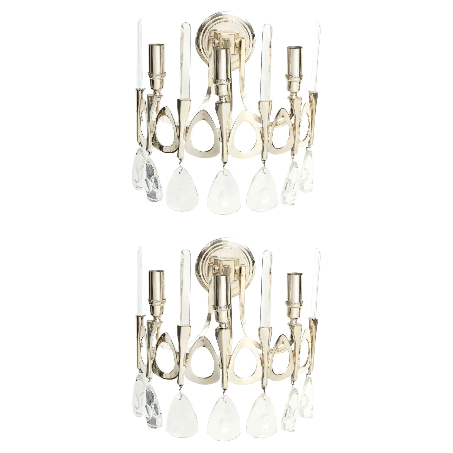 Pair of Gaetano Sciolari Sconces with Crystal Beveled Drops