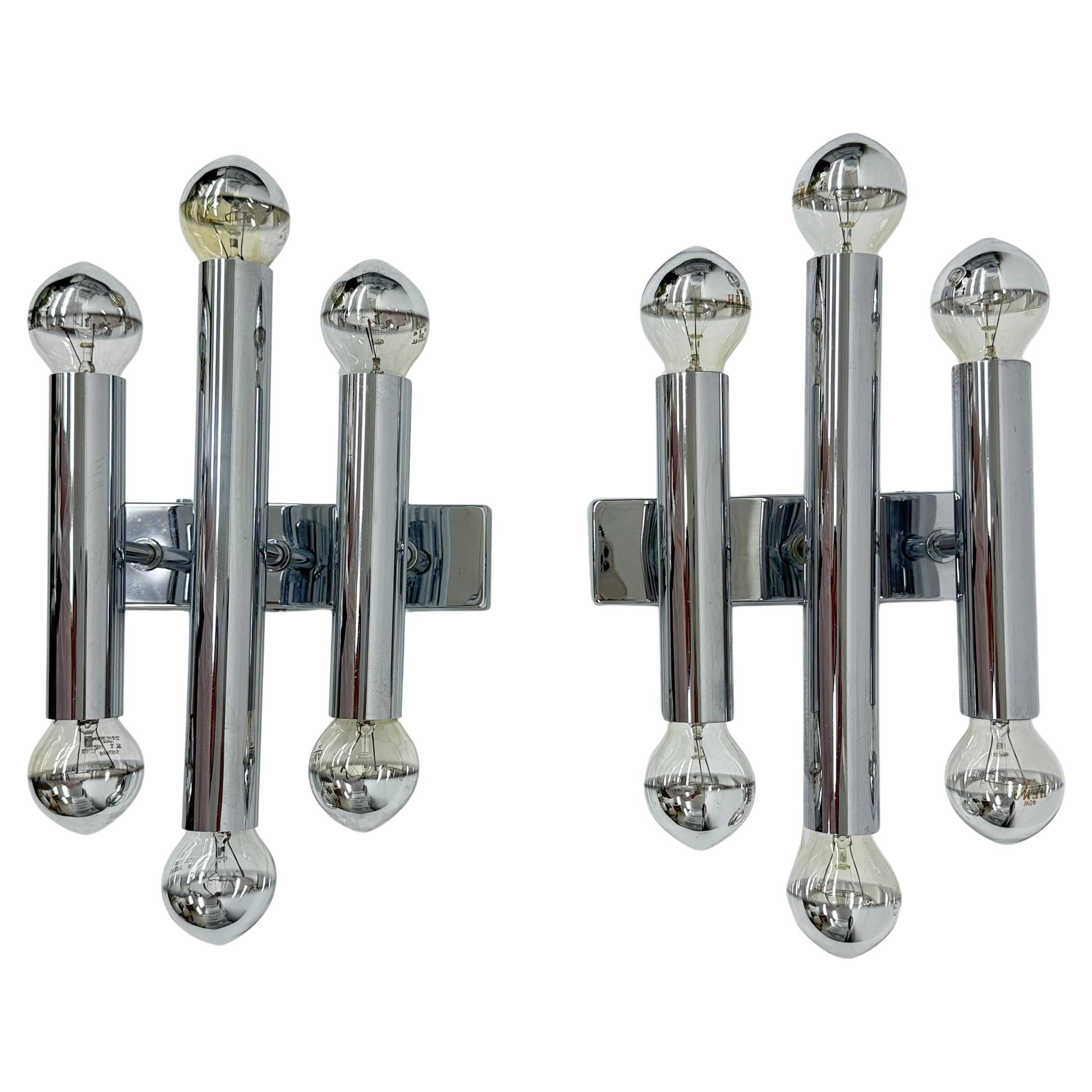 Pair of Gaetano Sciolari wall lamps sconce chrome tubular , 1970s