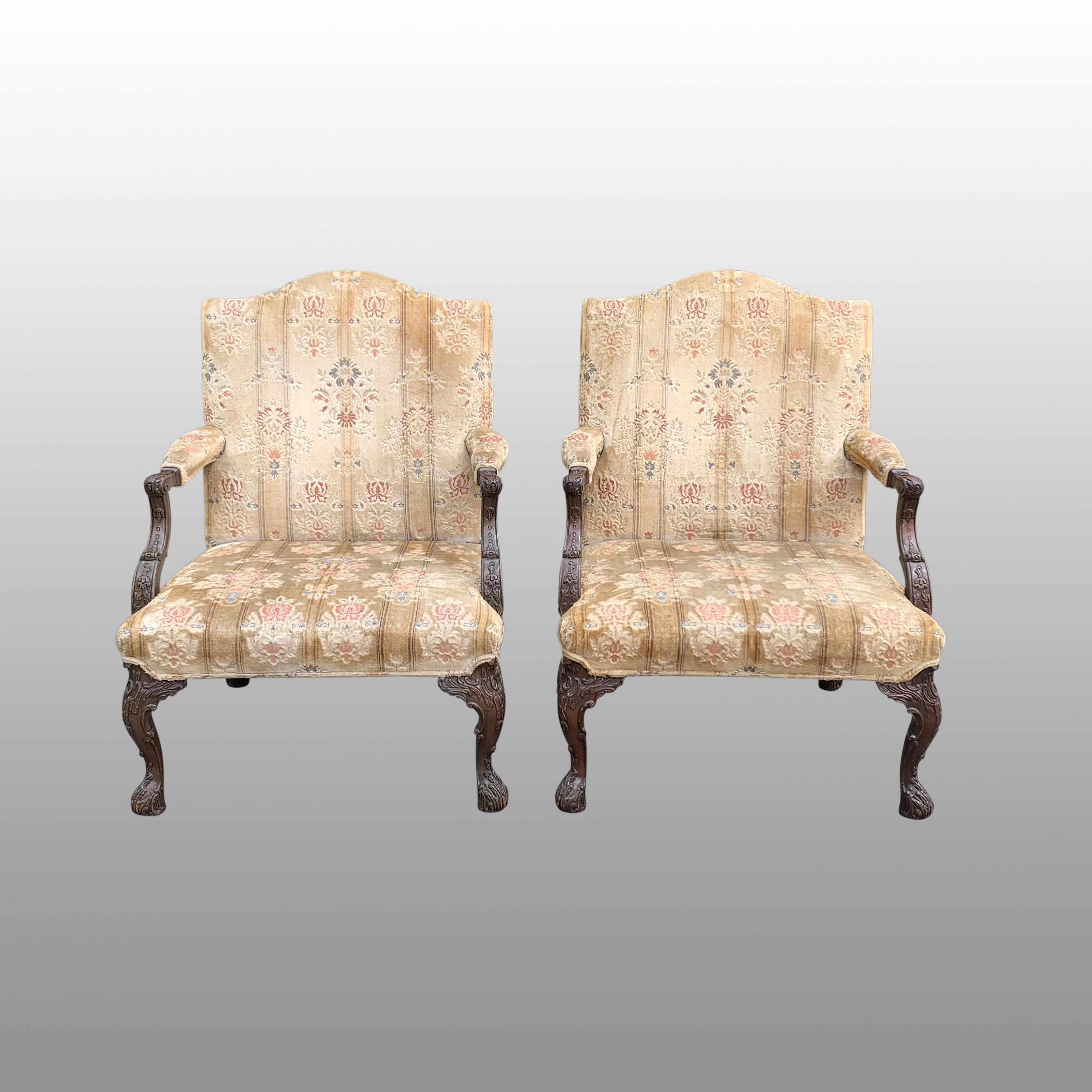 Pair of Gainsborough Library chairs in the Chippendale taste In Fair Condition For Sale In Folkestone, GB