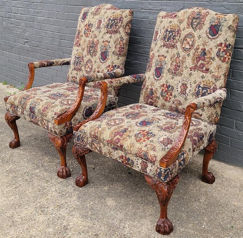 Carved Pair of Gainsborough Library Chairs in the Irish Georgian Style For Sale