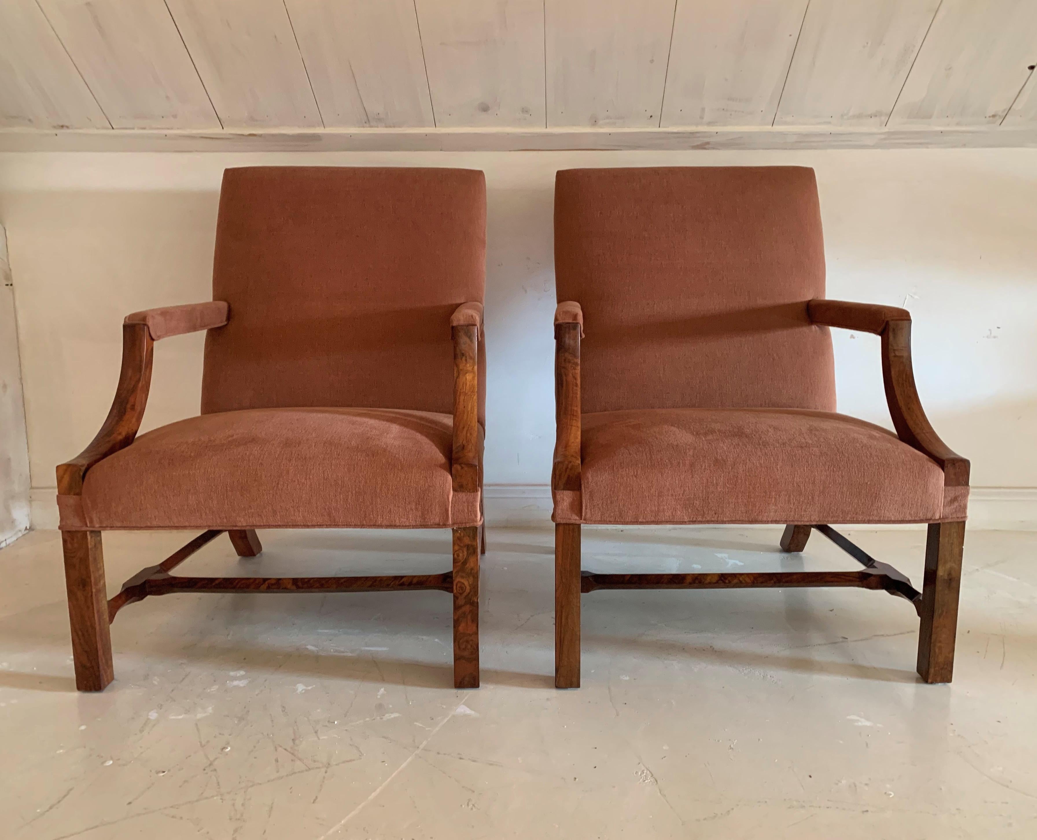 Walnut Pair of Gainsborough Style Lounge Chairs For Sale