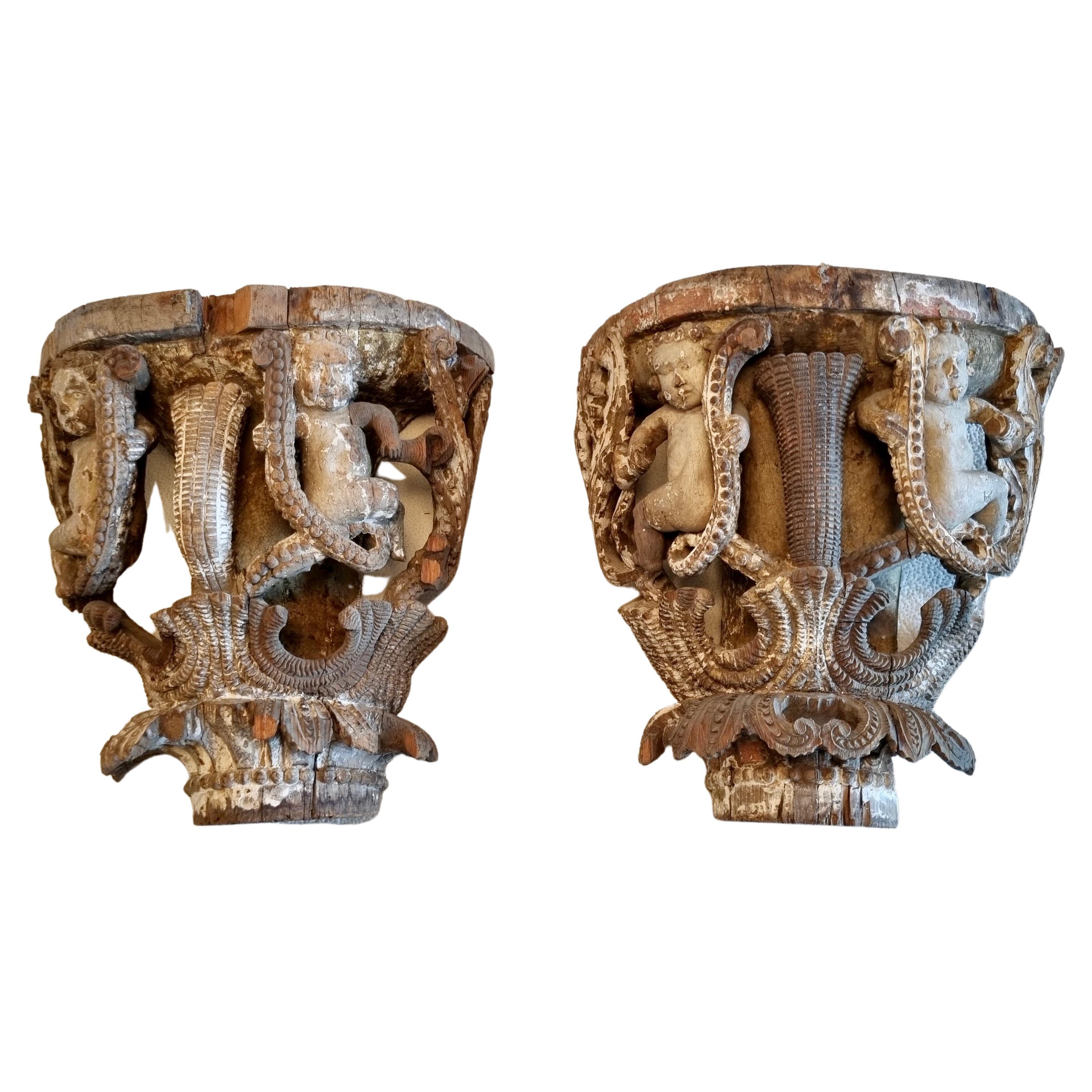 Pair of IndoPortuguese 1700´s capitals of wood carved angels  with Cornucopias   For Sale
