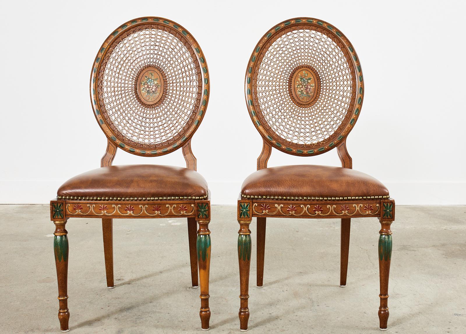 Neoclassical Pair of Galimberti Lino Hand-Painted Cane Back Dining Chairs