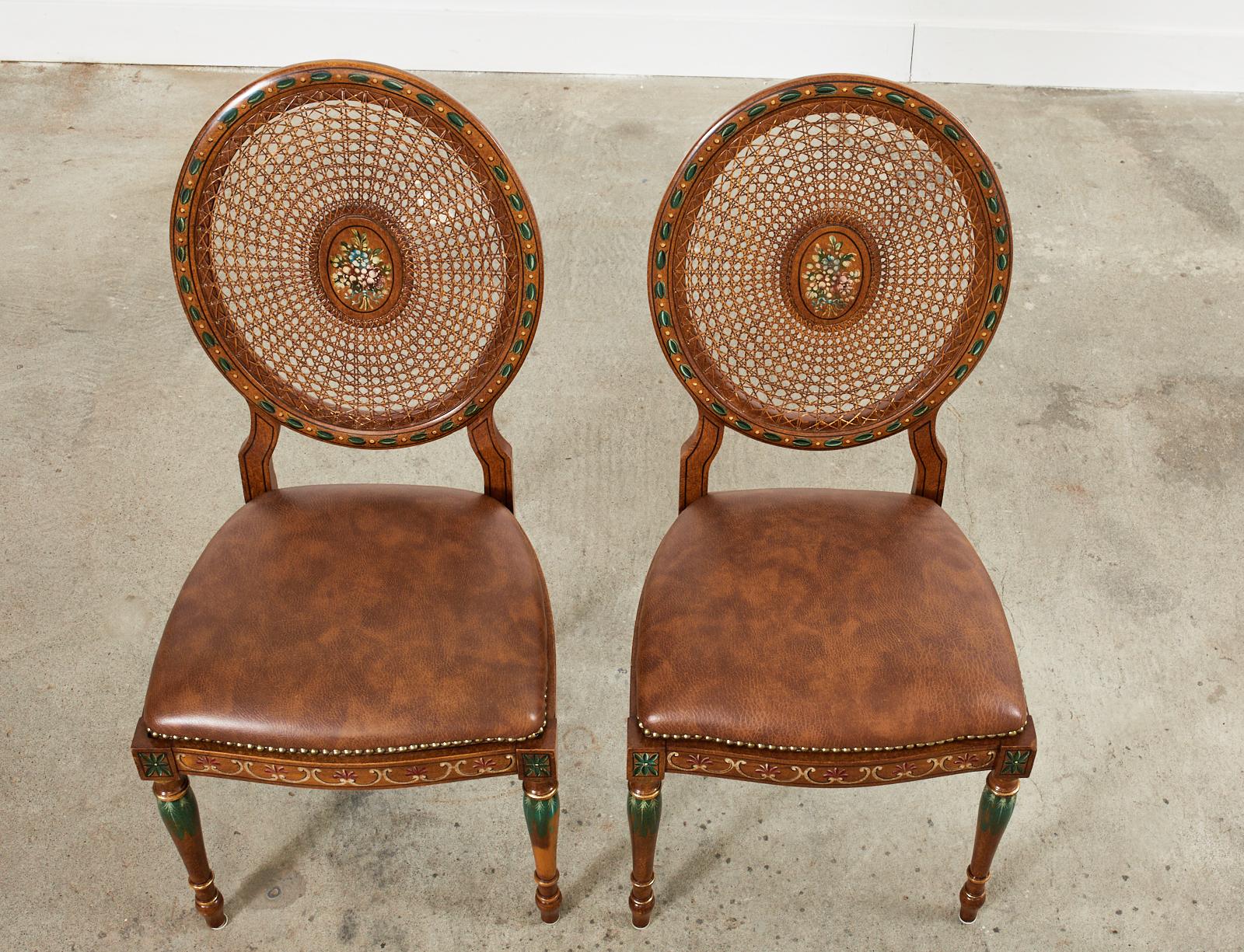 Italian Pair of Galimberti Lino Hand-Painted Cane Back Dining Chairs