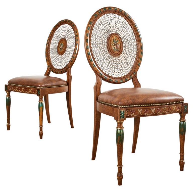 Pair of Galimberti Lino HandPainted Cane Back Dining Chairs For Sale at 1stDibs