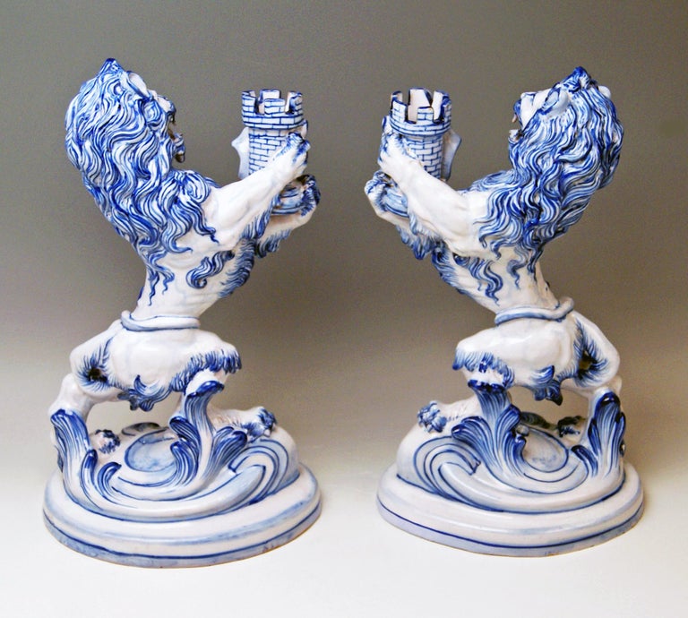 Late Victorian Pair of Galle Nancy St. Clement Faience Walking & Roaring Lions Gallé circa 1892 For Sale