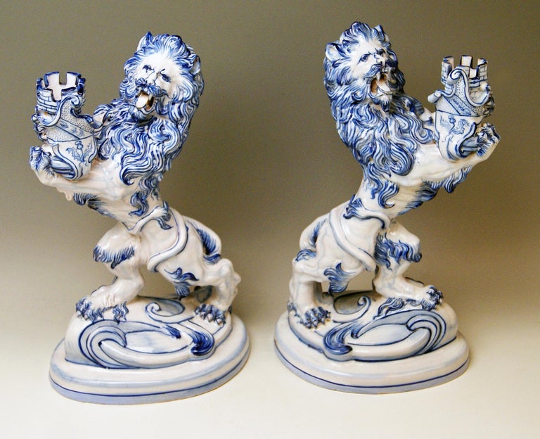 Pair of Galle Nancy St. Clement Faience Walking & Roaring Lions Gallé circa 1892 In Excellent Condition For Sale In Vienna, AT