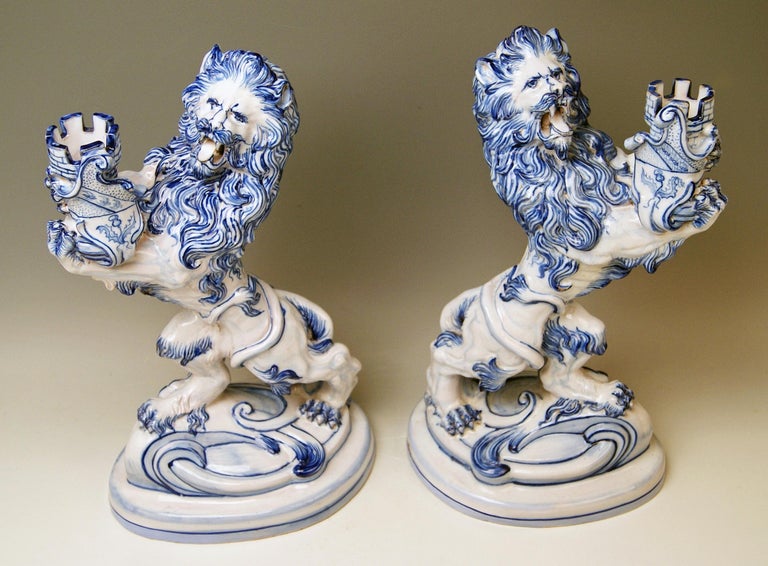 19th Century Pair of Galle Nancy St. Clement Faience Walking & Roaring Lions Gallé circa 1892 For Sale