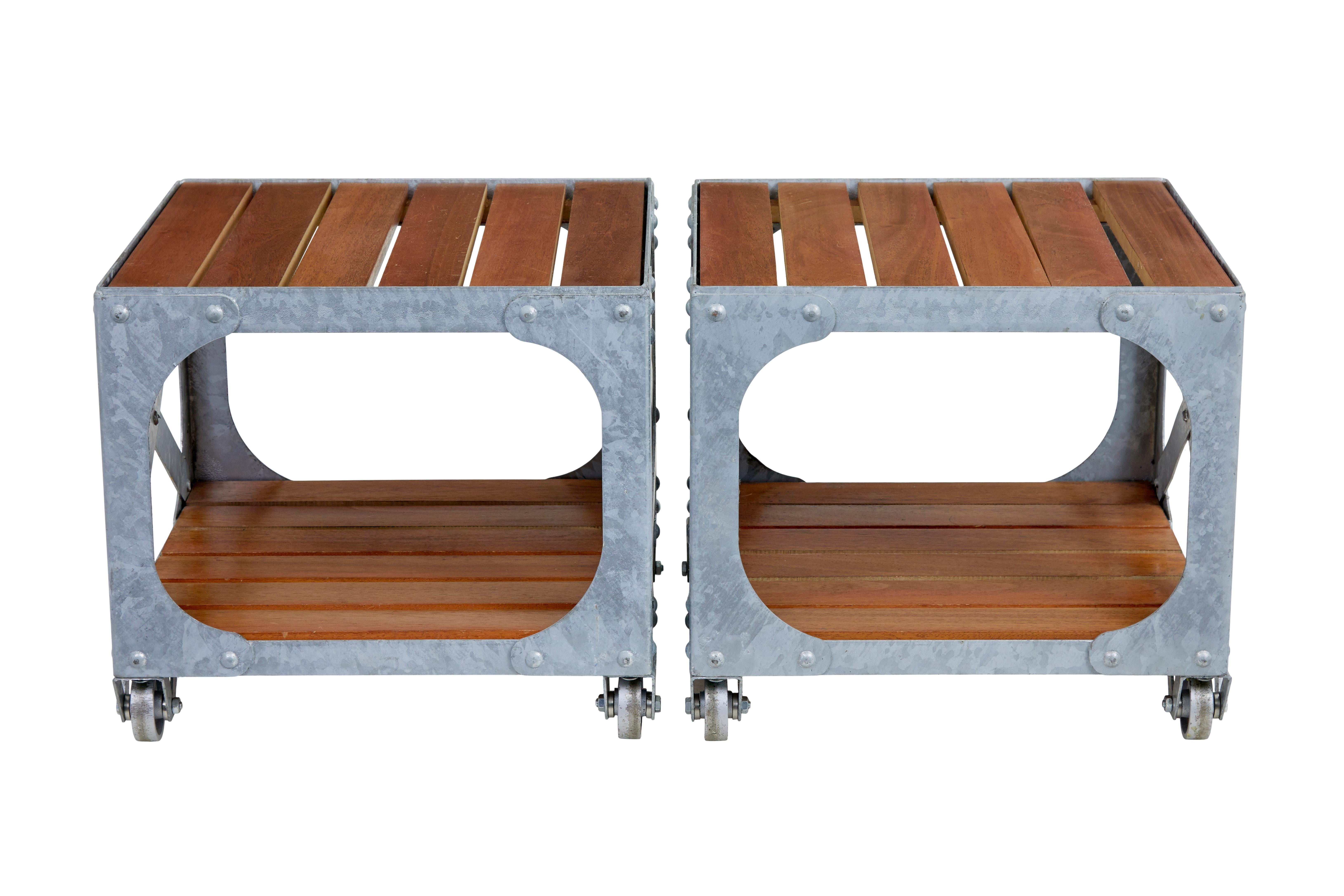 Industrial Pair of galvanised steel and teak industrial side tables For Sale
