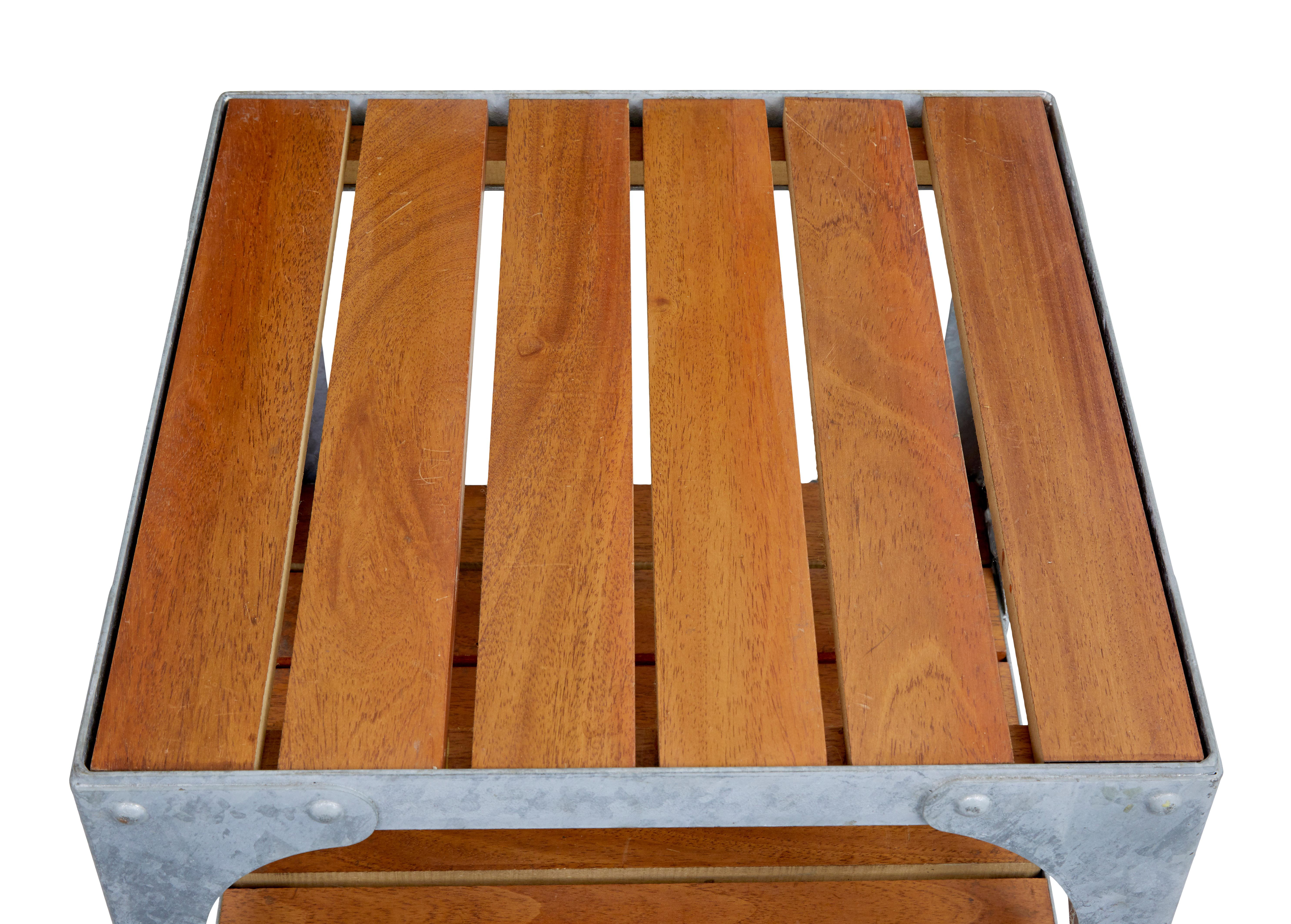Galvanized Pair of galvanised steel and teak industrial side tables For Sale