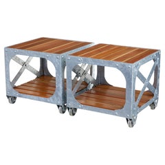 Retro Pair of galvanised steel and teak industrial side tables