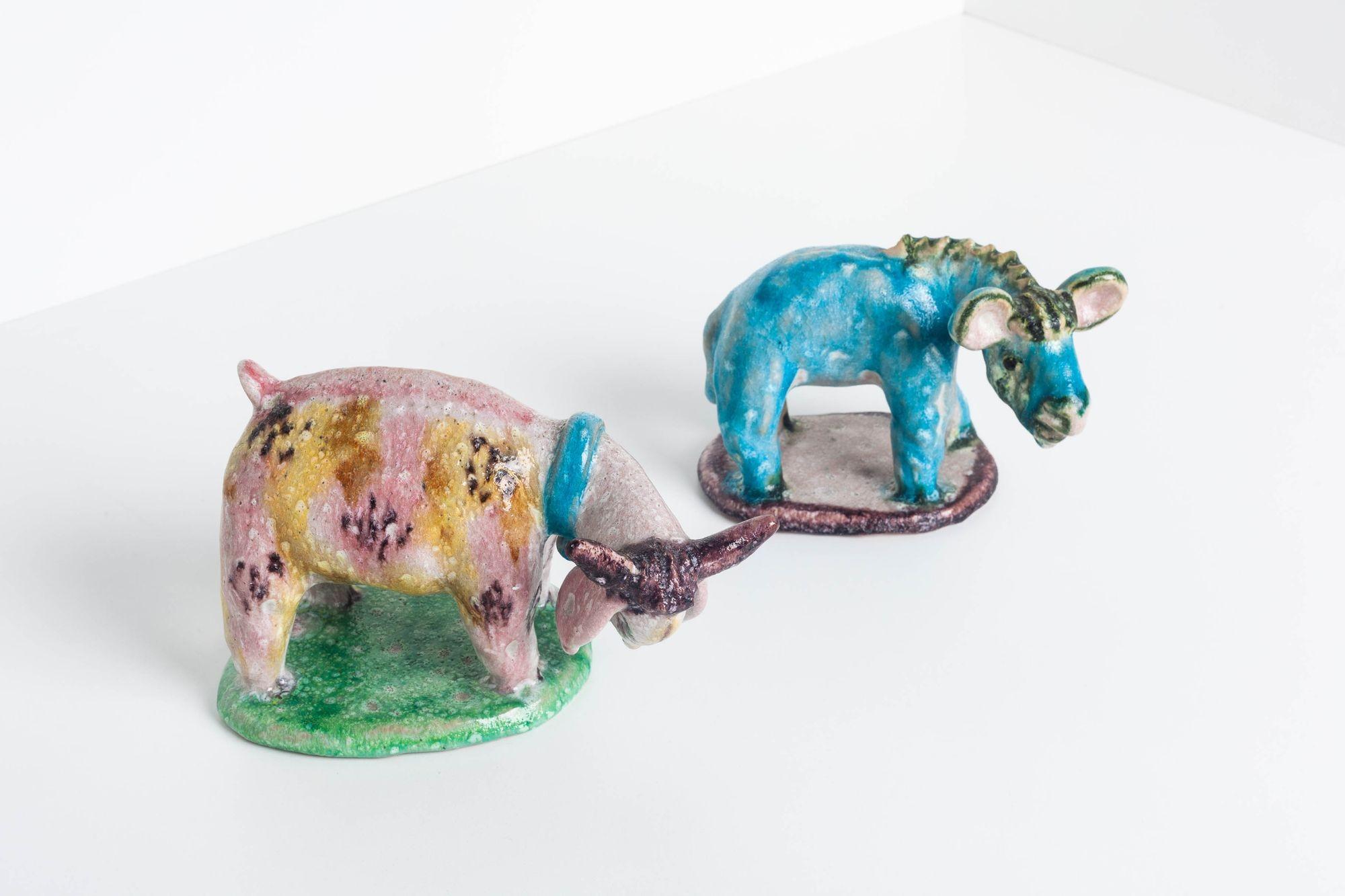 Charming donkey and goat figurines from the great master and innovator of Modern Italian Ceramics, Guido Gambone. Signature and famous donkey mark on bottom of each piece.