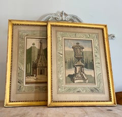 Par de Impresiones Artísticas de Arquitectura de Jardines en Marcos de Madera con Pan de Oro