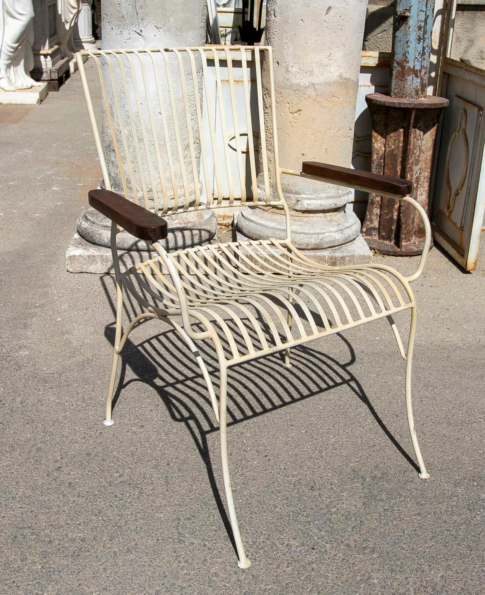 French Pair of Garden Chairs Made of Iron with Wooden Armrests  For Sale