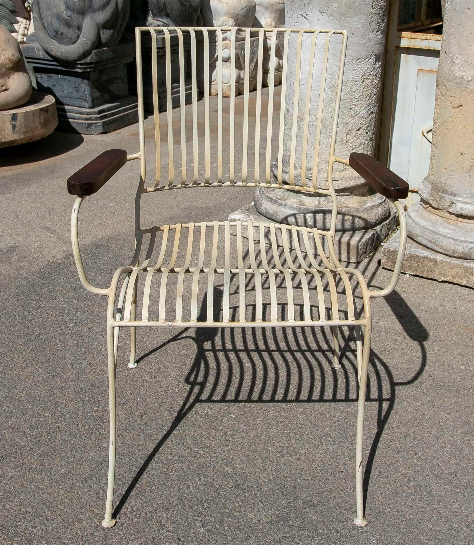 Contemporary Pair of Garden Chairs Made of Iron with Wooden Armrests  For Sale
