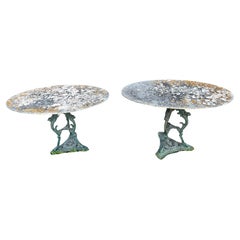 Used Pair of Garden Gueridons with Marble Tops and Cast Iron Bases