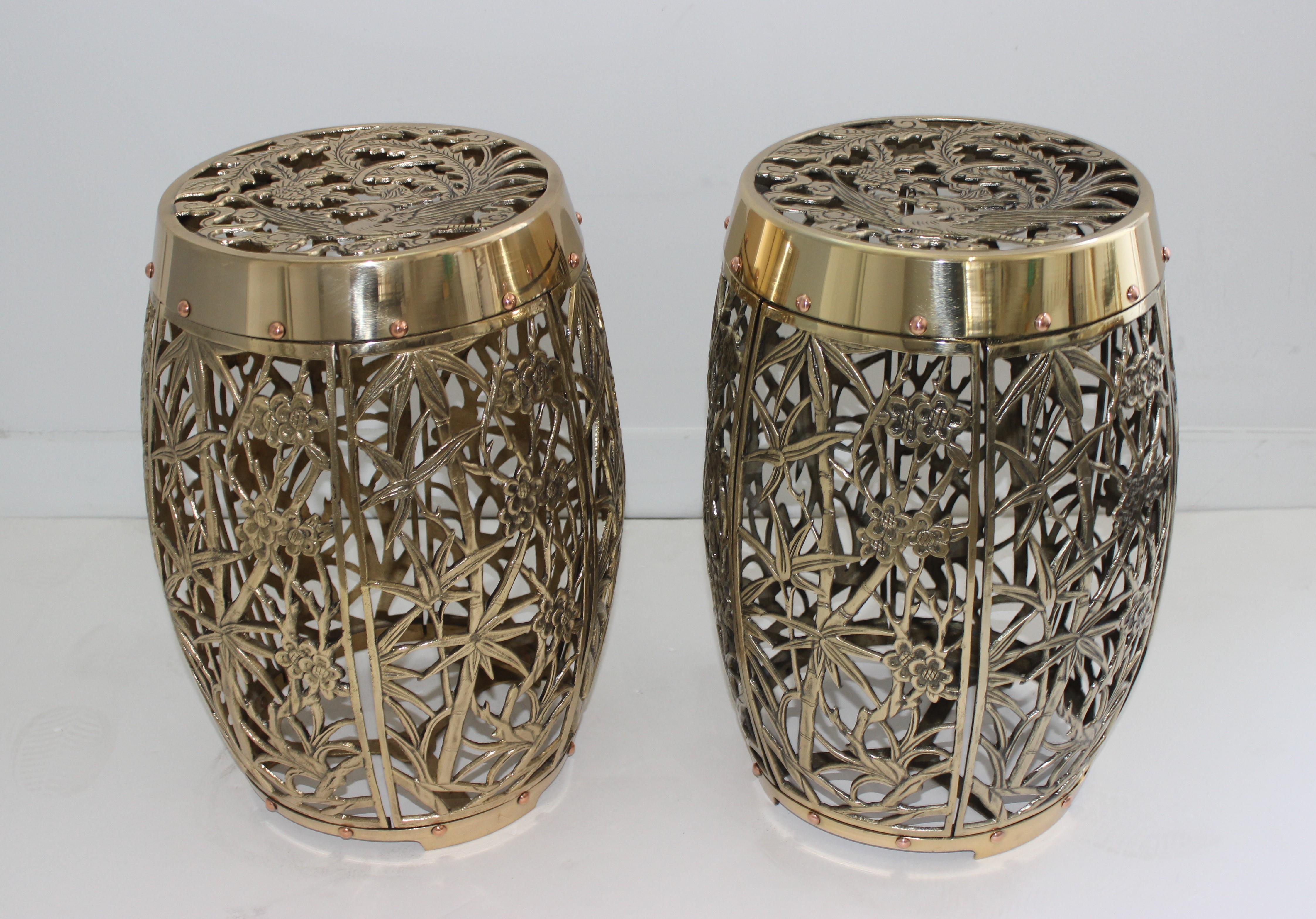 Pair of Garden Stools Polished Brass Copper Fretwork 2