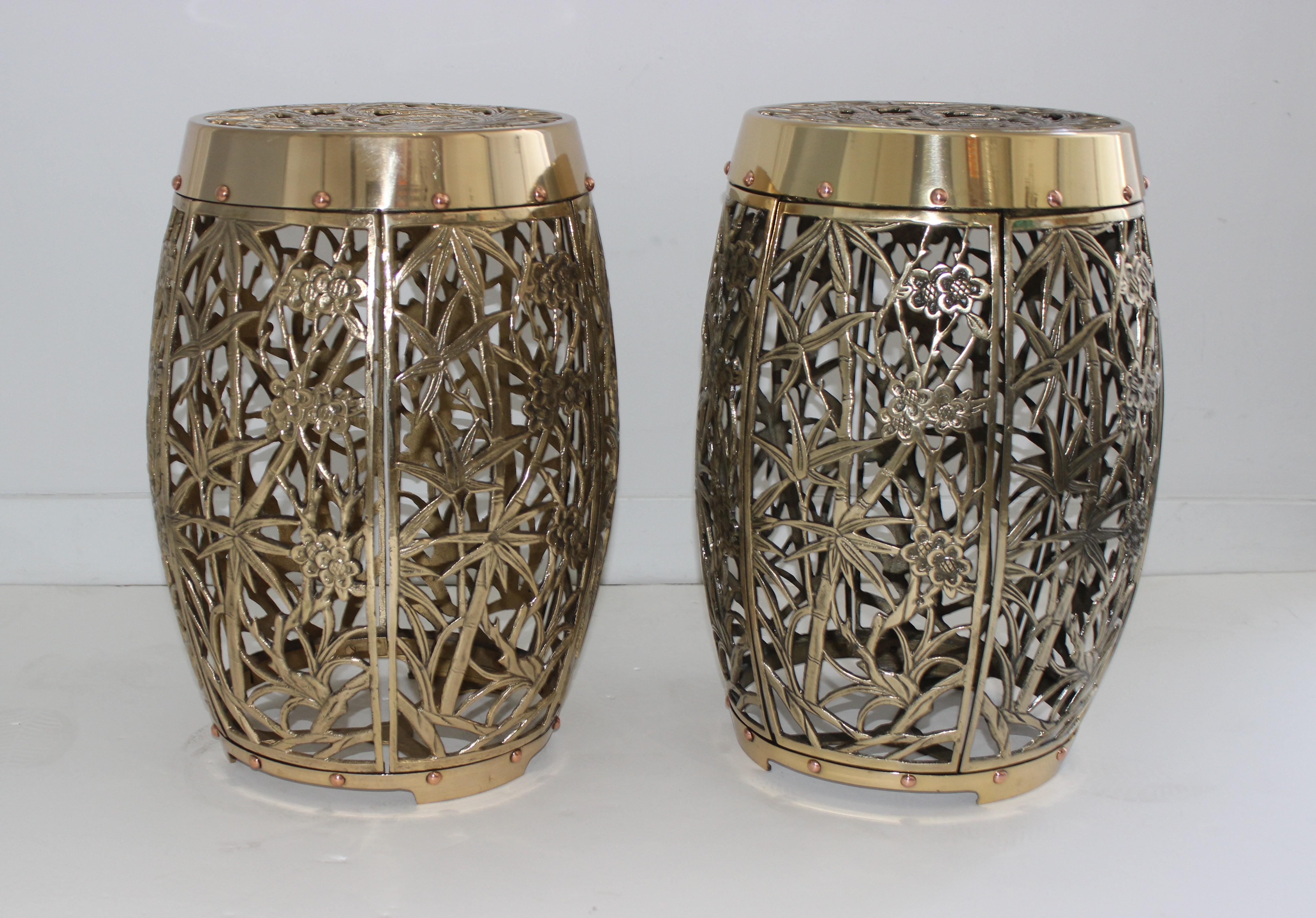 Garden stools bamboo crane bird cherry blossom motif in polished brass and copper fretwork - a Pair - from a Palm Beach estate

These have been professionally polished and clear lacquered for years of style and function. The cast-brass and copper