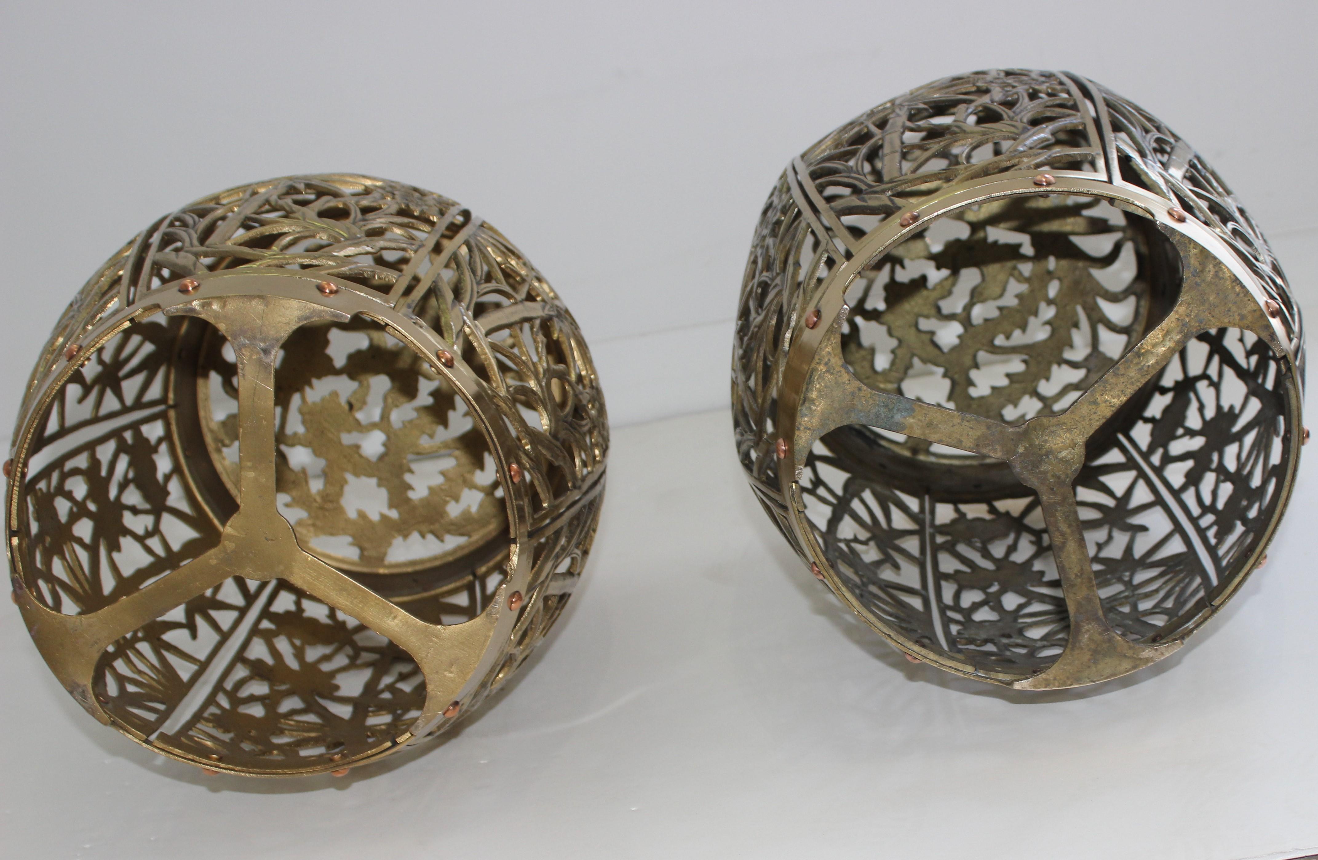 Pair of Garden Stools Polished Brass Copper Fretwork 1