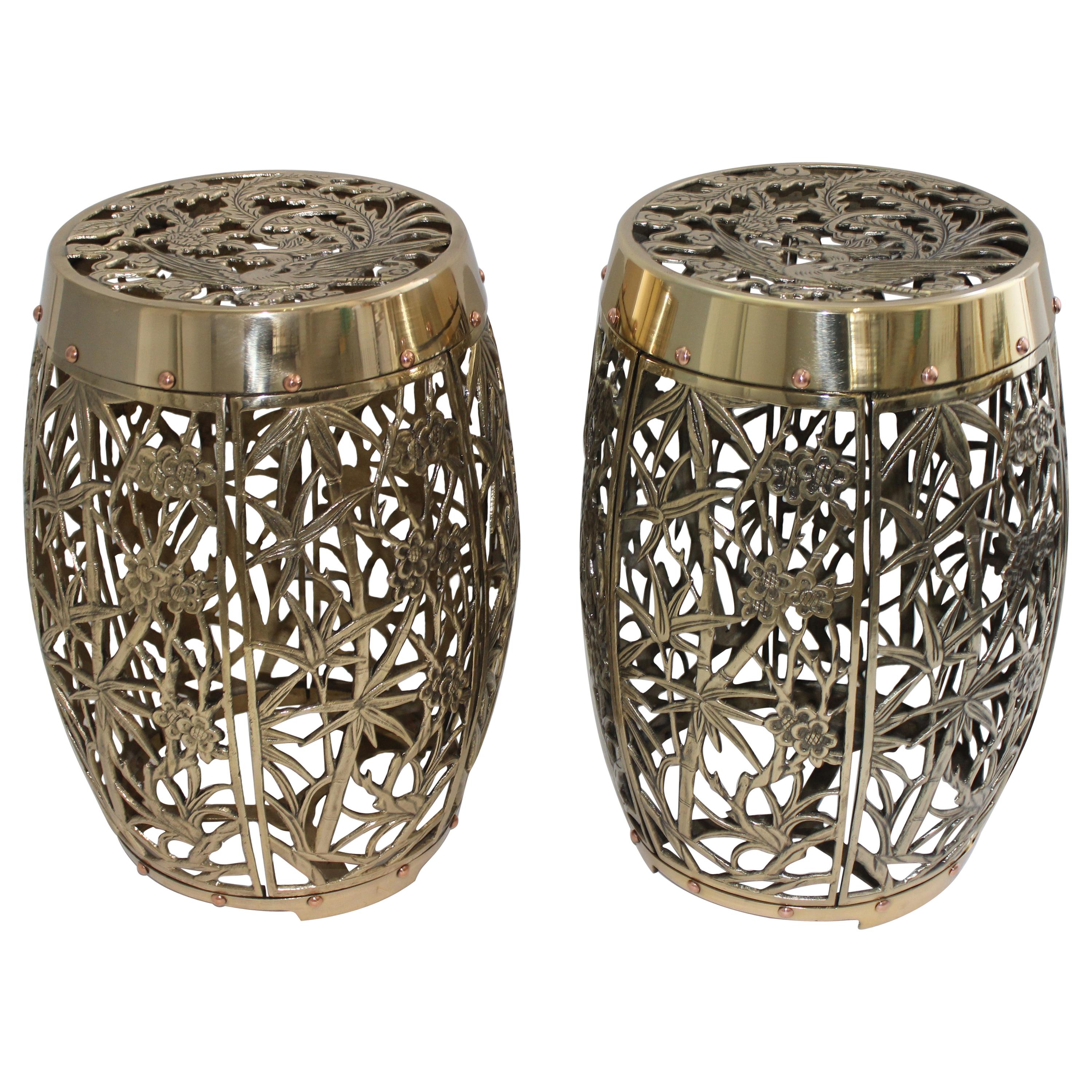 Pair of Garden Stools Polished Brass Copper Fretwork
