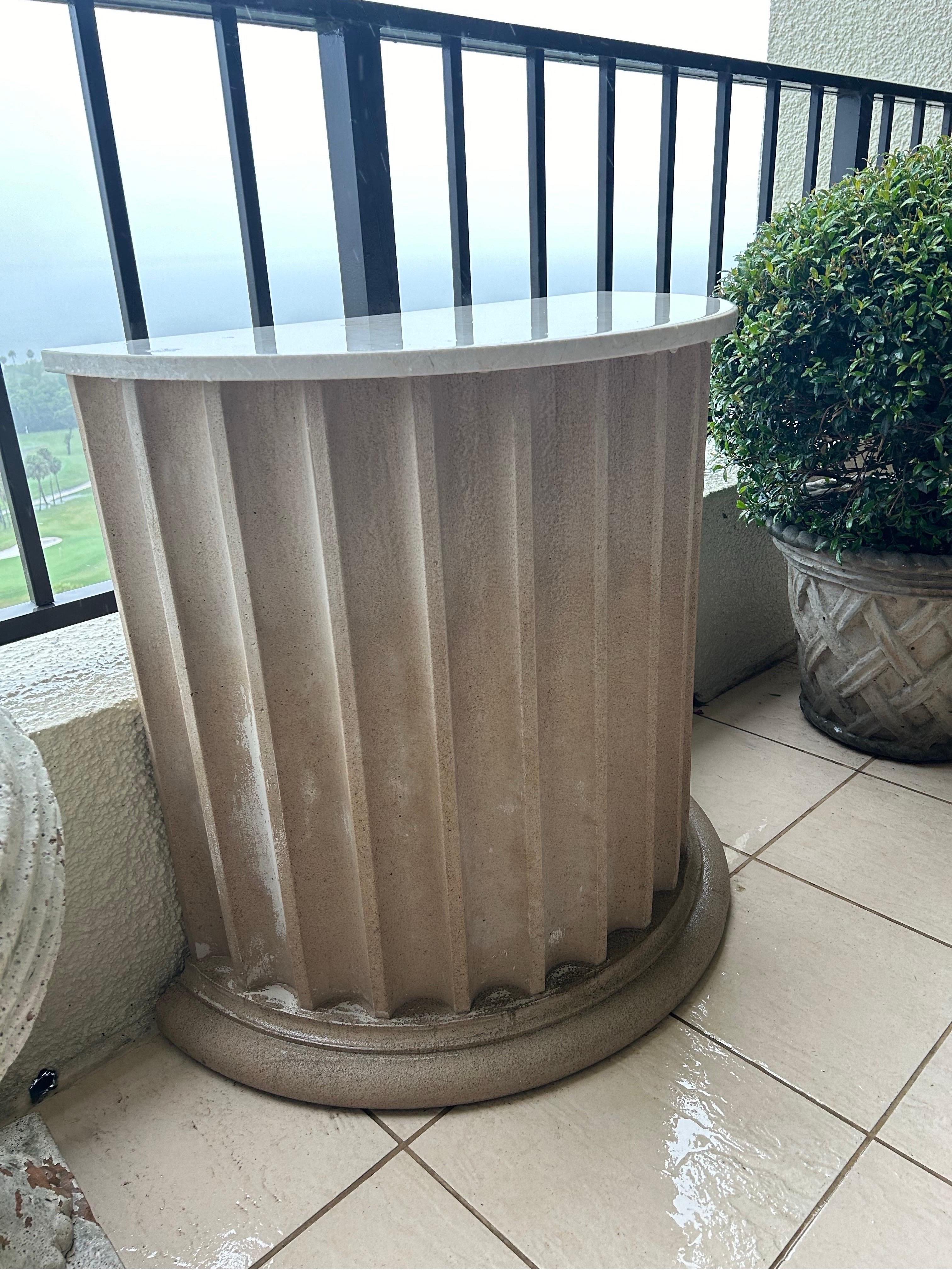 Pair of garden tables with marble tops on fluted demilune cast sandstone bases For Sale 3