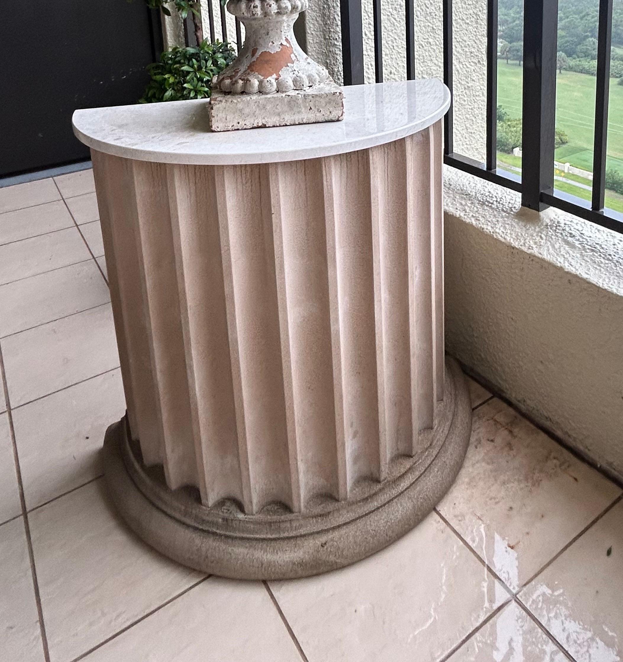 Pair of garden tables with marble tops on fluted demilune cast sandstone bases For Sale 8