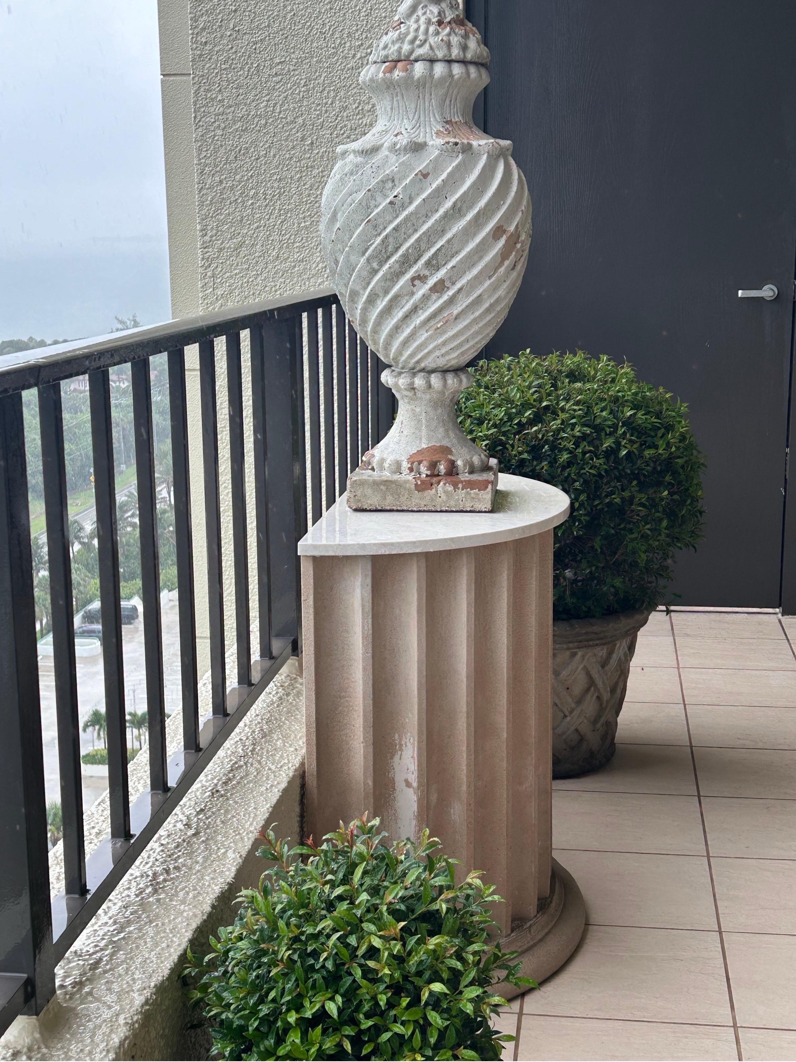 Pair of garden tables with marble tops on fluted demilune cast sandstone bases For Sale 10