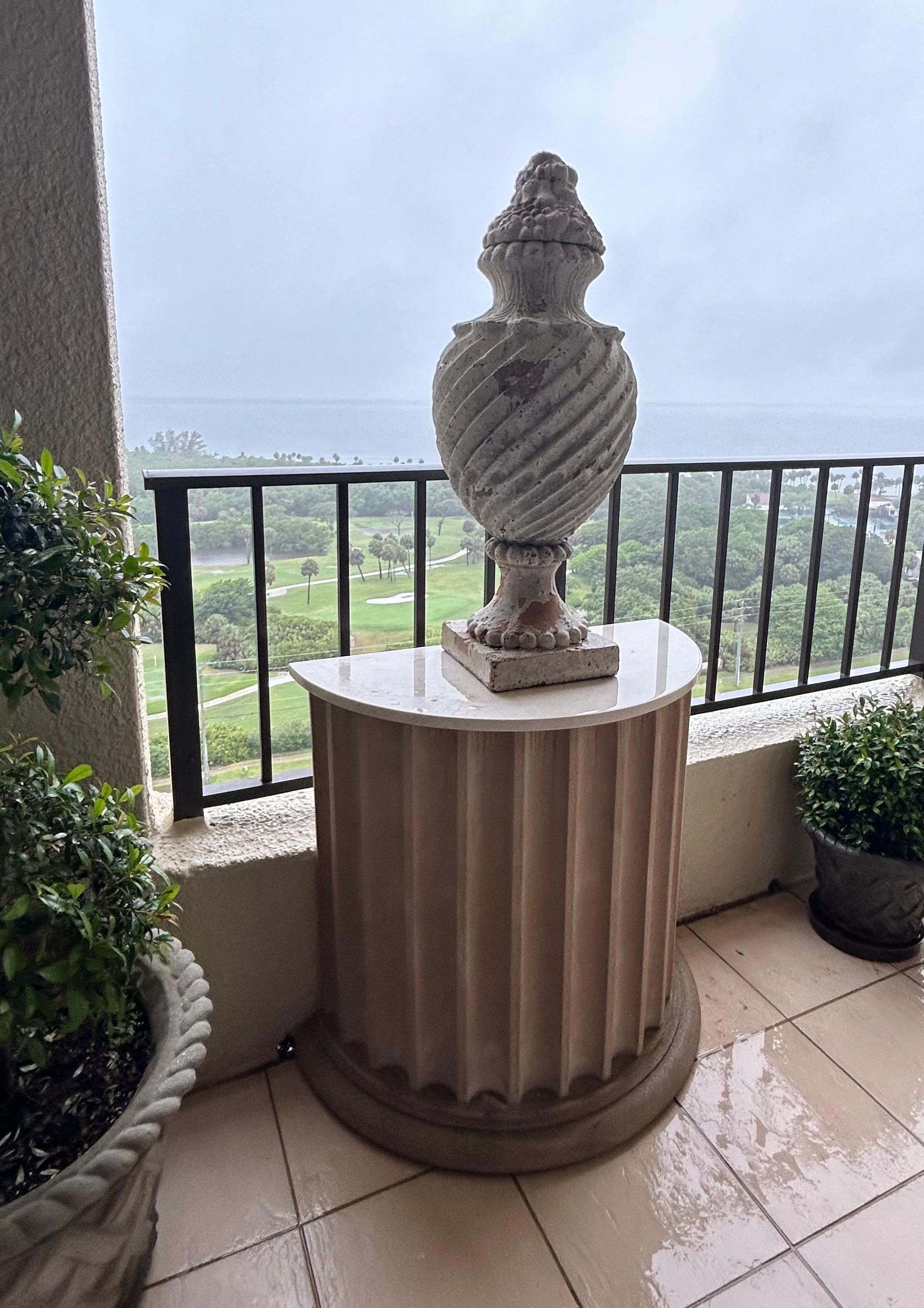Pair of garden tables with marble tops on fluted demilune cast sandstone bases For Sale 11